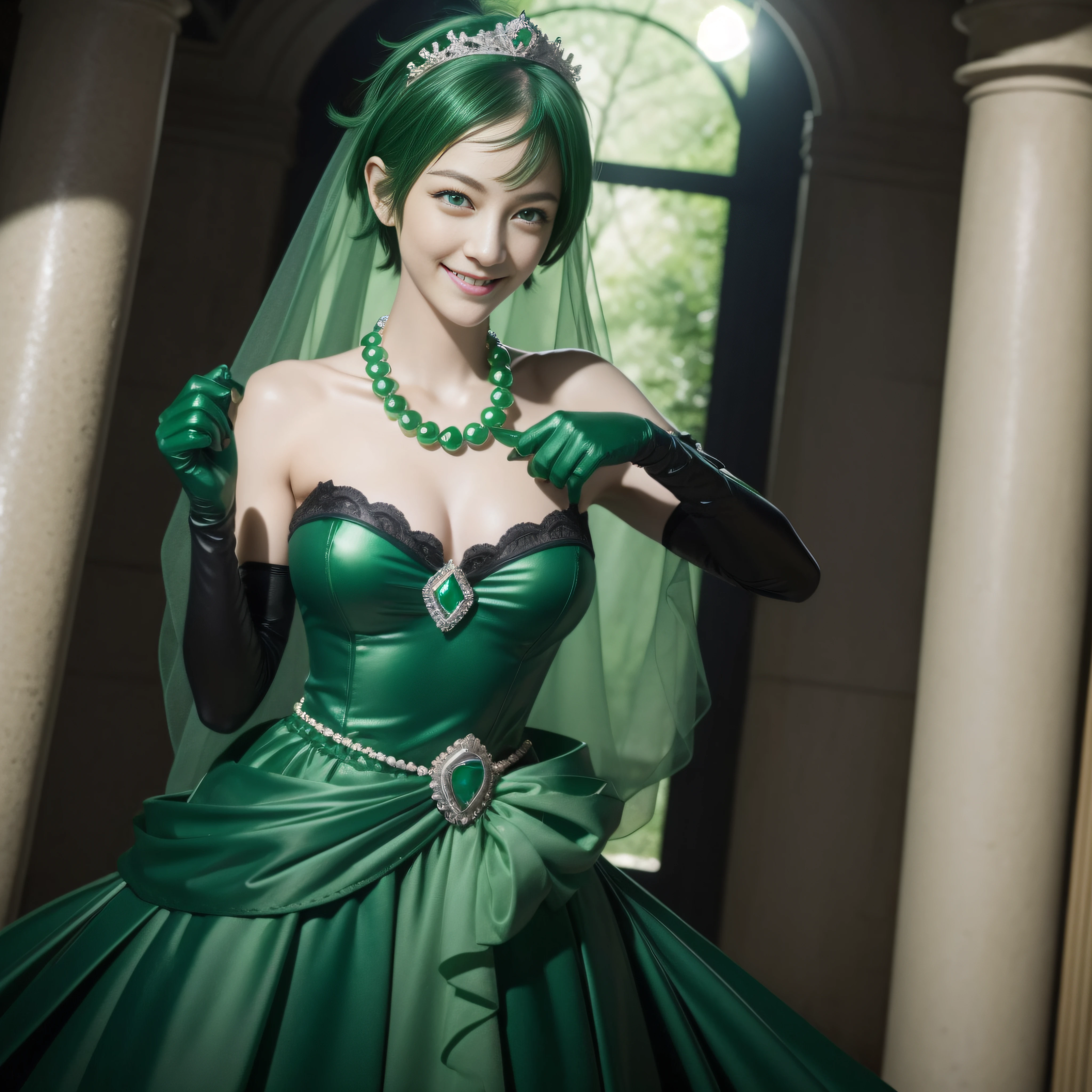 emerald tiara, Green Pearl Necklace, Boyish very short green hair, lipsticks, Japan woman smiling, very short short hair, big breasts beautiful, Green eyes, Long green gloves made of satin material, Green eyes