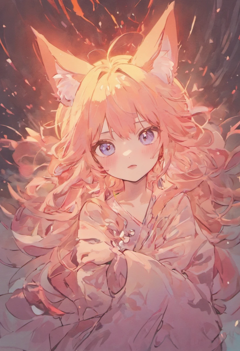 (White background:1.4),(The face of the girl's head, Eyes open, Long pink hair,Pink fox ears,There are nine fluffy fox tails,The tail has a fiery red color at the end, Oriental elements),(Chinese illustration:1.3,paper art:1.3, Quilted paper art:1.2),( reasonable design, Clear lines, High sharpness,Best quality, Very detailed, Masterpiece, movie light effect, 4K )
