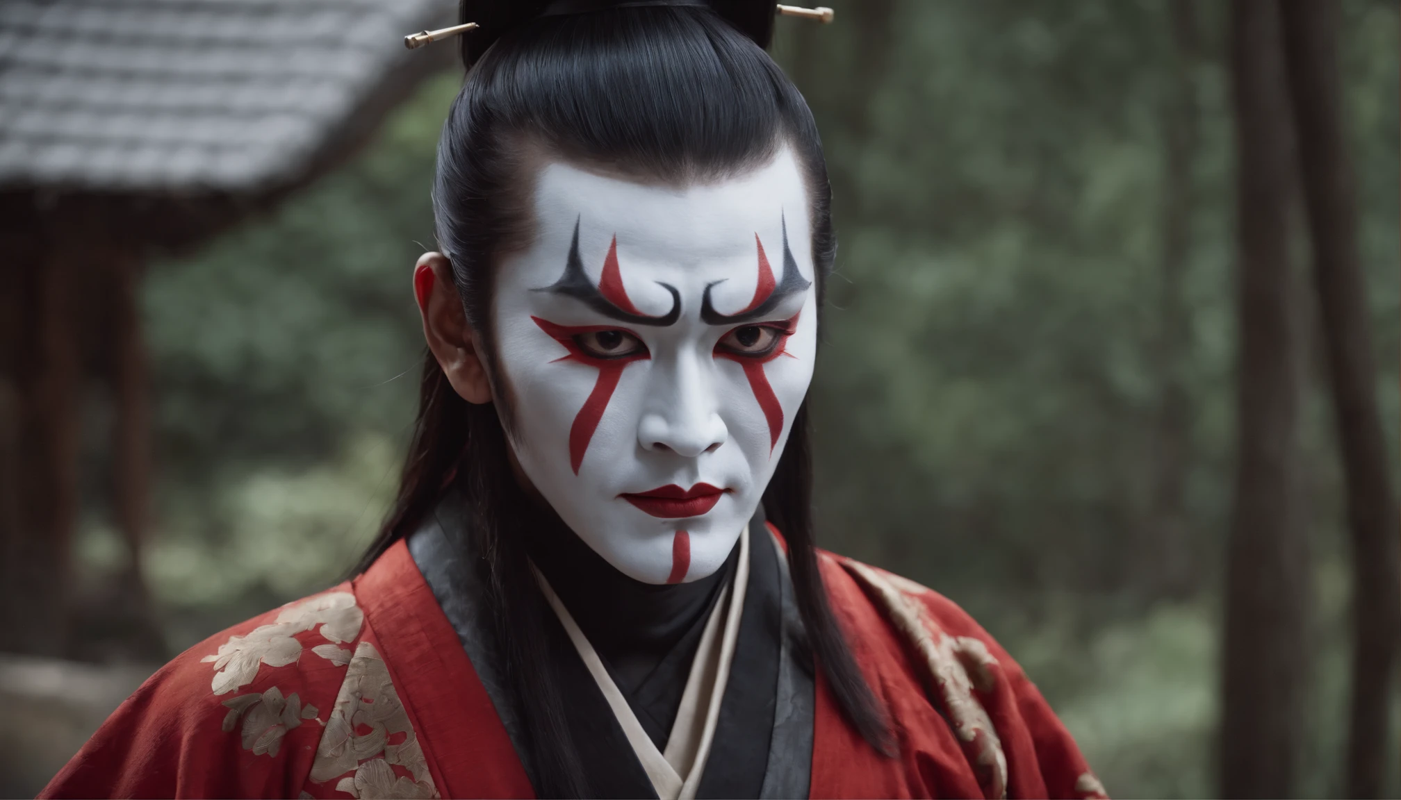 Kabukidza,Kabuki Actor,ember,Males,Kime Pose,Long hair,scary face,The background is the scene,steeply,realisitic,a painting,
