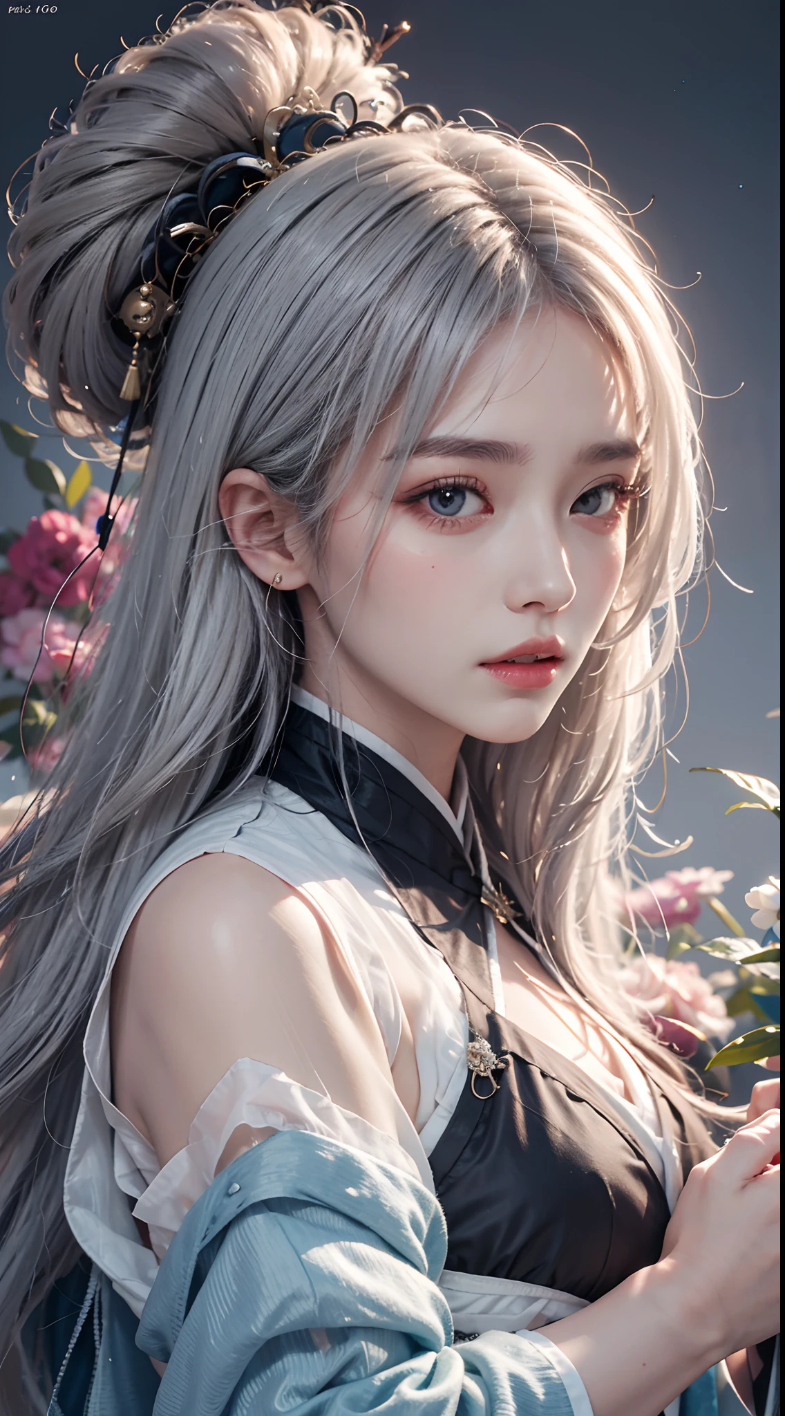 photorealistic, high resolution,masterpiece,best quality,ultra-detailed, 1women, hanfu, white hair