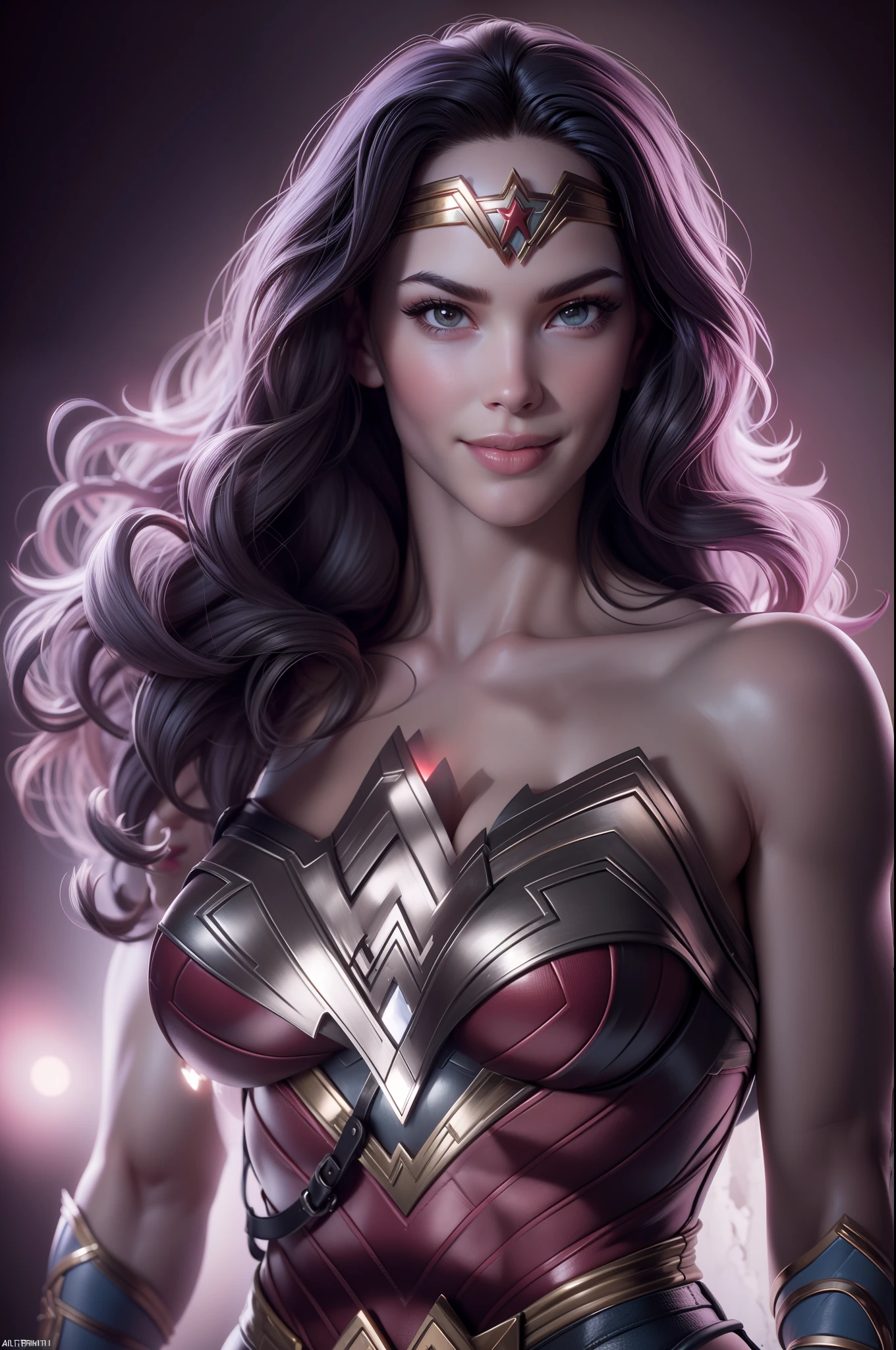 Wonder woman, Portrait photography by Altgarm, realism style, Glowing skin, Cartoon hero, Natural light, Defined lips, Strong physical strength, Feminine body, Full body, viewer, (Smile:1.2), Depth of field f/1.8, studio shot, (((looking in camera))), Camera orientation, ellen von unwerth, (Sexy Pose:1.5))