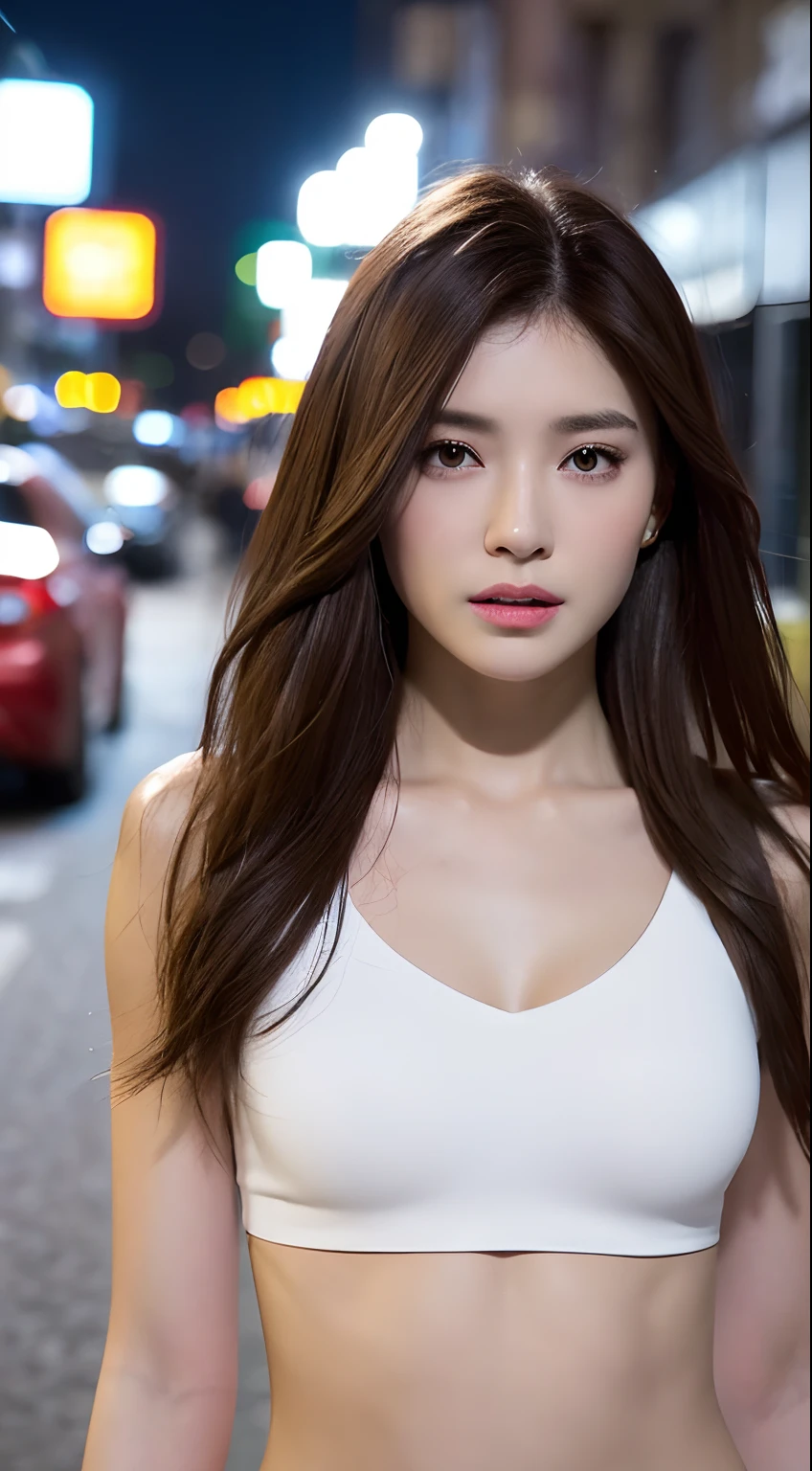 ((Realistic lighting, Best quality, 8K, Masterpiece: 1.3)), Clear focus: 1.2, 1girl, Perfect Figure: 1.4, Slim Abs: 1.1, ((Dark brown hair)), (White crop top: 1.4), (Outdoor, Night: 1.1), City streets, Super fine face, Fine eyes, Double eyelids,