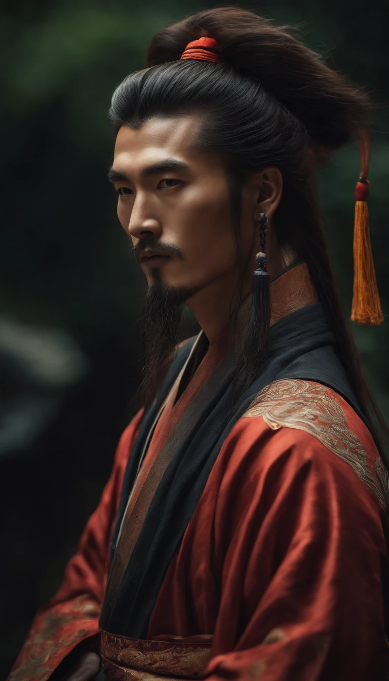 A young Taoist male Chinese man,Long beard，Long hair，There is a bun on the top of the head，