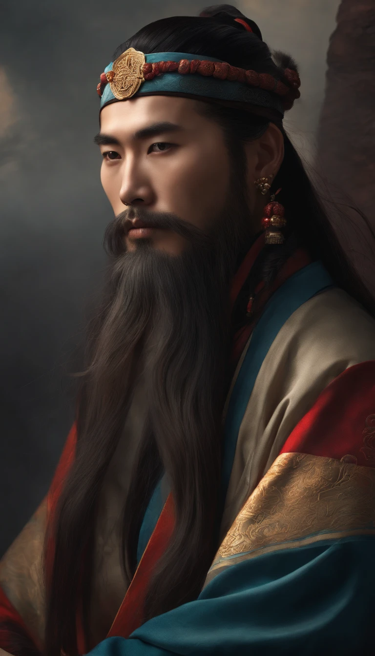 A young Taoist male Chinese man,Long beard,Long hair,There is a bun on the top of the head,