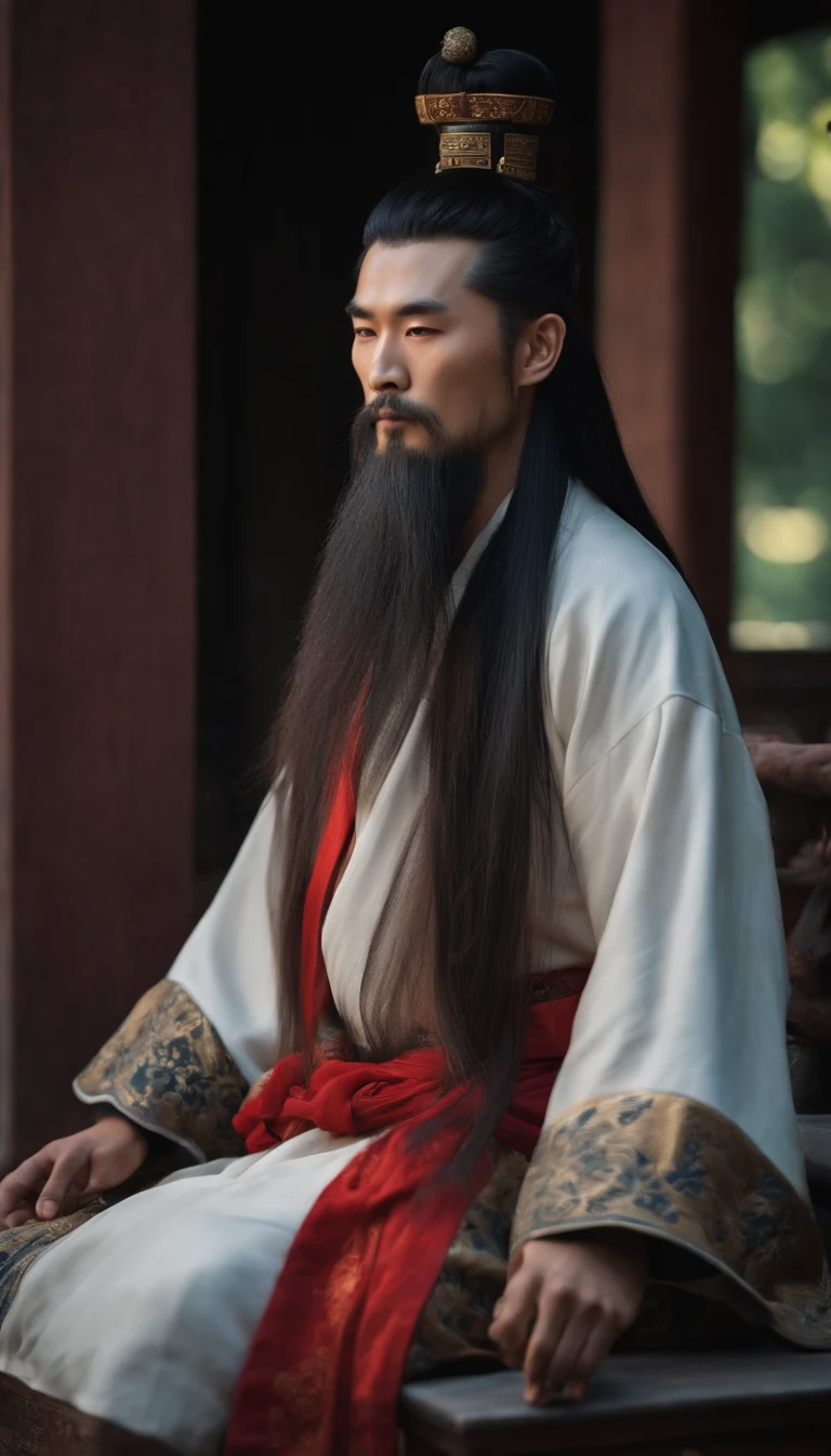 A young Taoist male Chinese man,Long beard,Long hair,There is a bun on the top of the head,