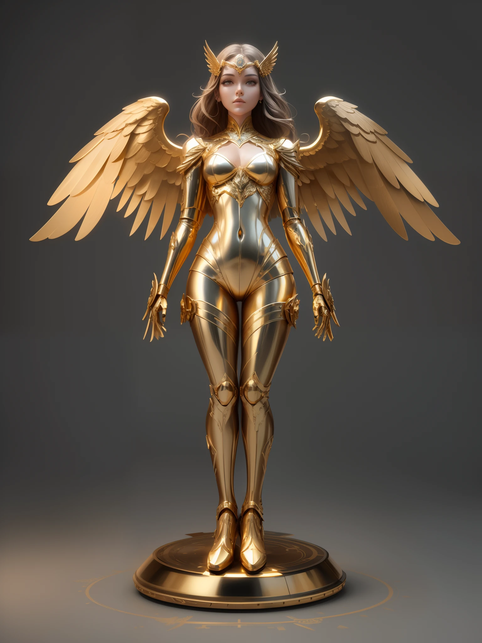 :Mechanical style,Gold Theme,(1 Mechanical Angel Woman,Anatomy is correct,full bodyesbian,Golden wings,Standing on your feet,Round base),black white background,(3Drenderingof,beste-Qualit,Details,tmasterpiece,Social art,cinematic lighting effects,4k,chiaroscuro)