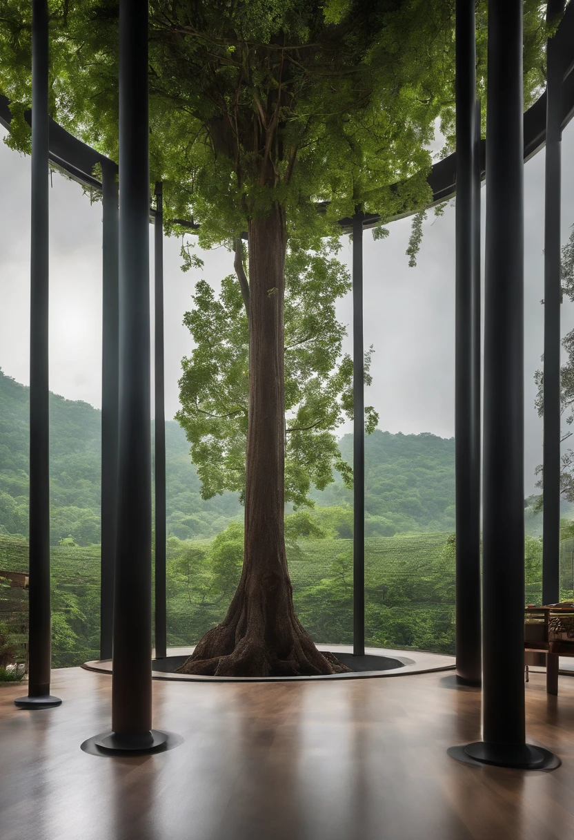 In a dim, mysterious enclosed room,In the middle is placed a large green tree,Outside the big tree,Place a circle along the circle that is about half the height of a large tree、But stainless steel columns of different heights,Above the column is a transparent square box made of transparent acrylic,It stores seeds of different types of medicinal herbs,A lot of trunks hang down from the tree
