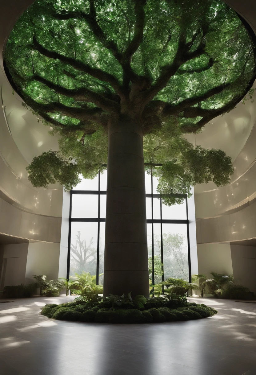 In a dim, mysterious enclosed room,In the middle is placed a large green tree,Outside the big tree,Place a circle along the circle that is about half the height of a large tree、But stainless steel columns of different heights,Above the column is a transparent square box made of transparent acrylic,It stores seeds of different types of medicinal herbs,A lot of trunks hang down from the tree