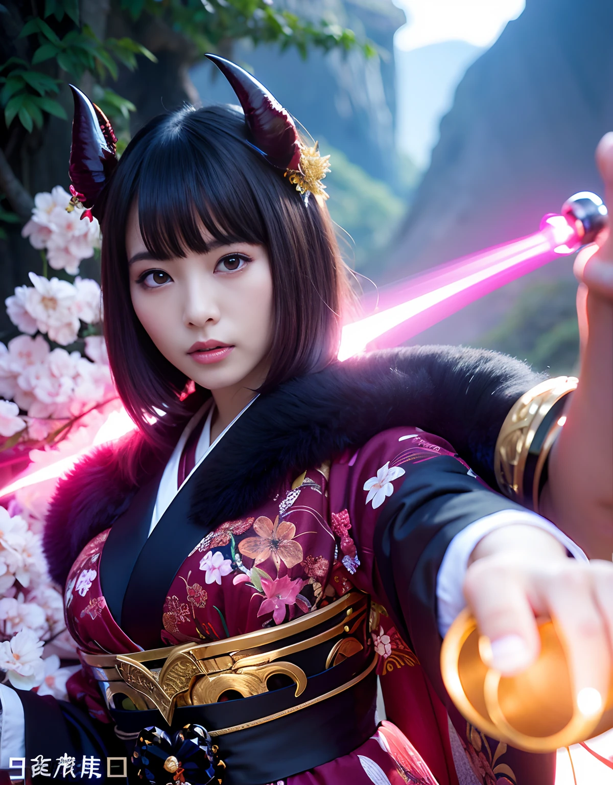 ((World of Darkness)),Professional , masterpiece、top-quality、photos realistic , depth of fields 、(Maiko's hairstyle)、(Background of cherry blossoms in full bloom),(Ultimate Beauty)、A dark-haired、(Fight ninjas)、(Kimono with beautiful pattern)、(Night background)、((a dark night)),(Wear a beautiful kimono),(Wear a beautiful kimono with colorful floral patterns)、Jewel Gold Weapon、Particles of light),(Has a devil's mask)、Gorgeous gold weapons ,(( Gorgeous Dragon Sword)) , (a dark night),,(maikurobikini) 、((Black Haired Beautiful Girl))、(Castle background)、(demonic wings)、((Gangle's forest background))、Beautiful Caucasian beauty、1a person、dynamic ungle,(((Two devil's horns on the head)))、Smaller head、Idle Smile、Thin and beautiful female hands、Mystical expression、Light Effects、intense fighting、Wind-effect、magic circles、With the legendary magic wand、Dragon's tail、Anatomically correct body、