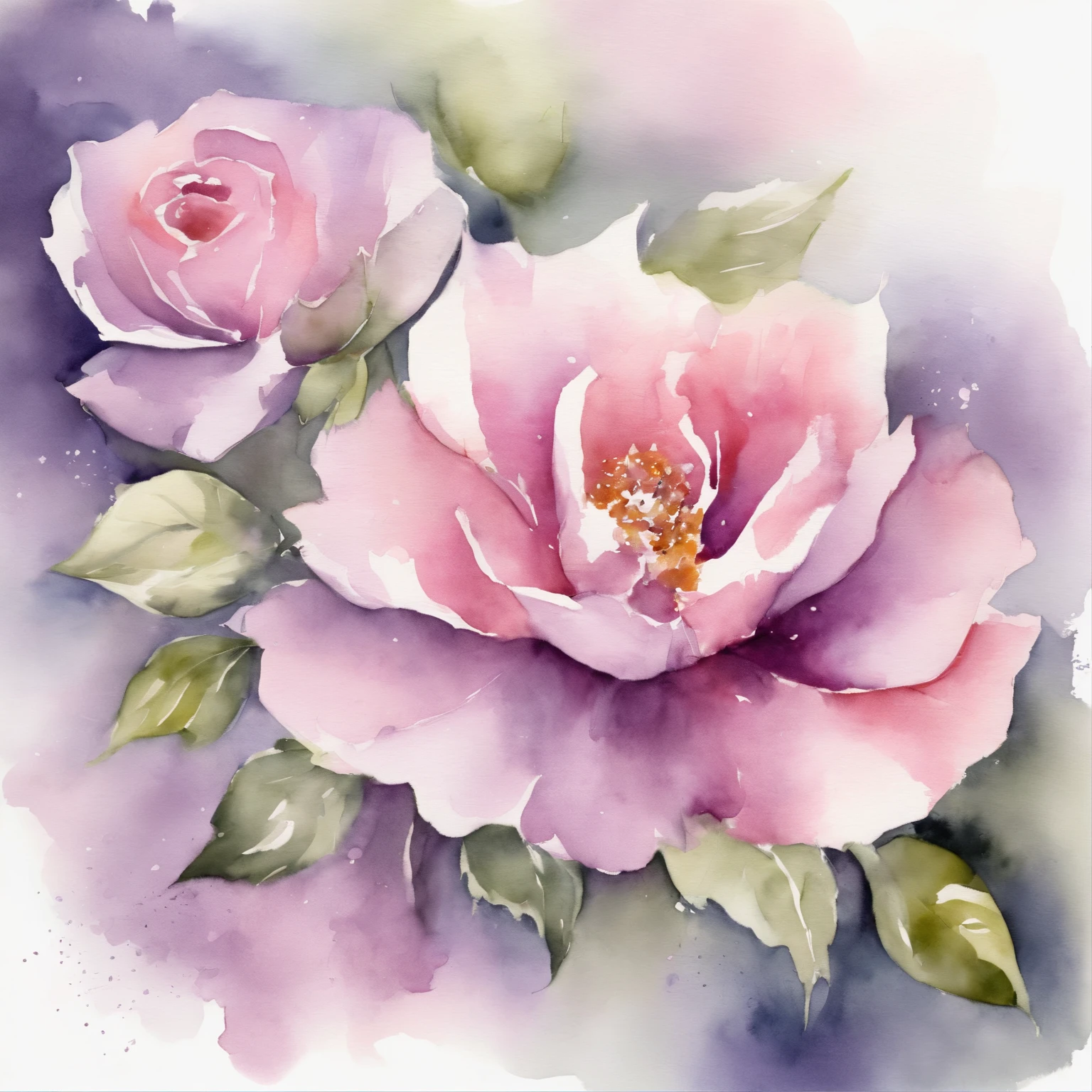 Pale purple rays　Delicate watercolor flowers in pink and bright rose shades, Captivating illustrations.
