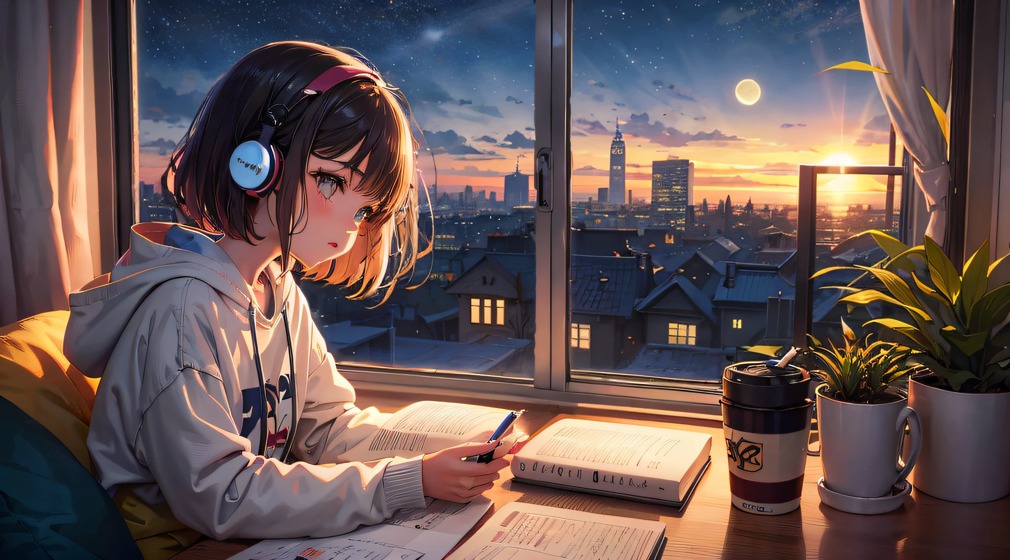 night、Moon and light、healing、lo-fi、Tranquility、Cassette tape recorder、Steaming coffee、Woman listening to music at desk