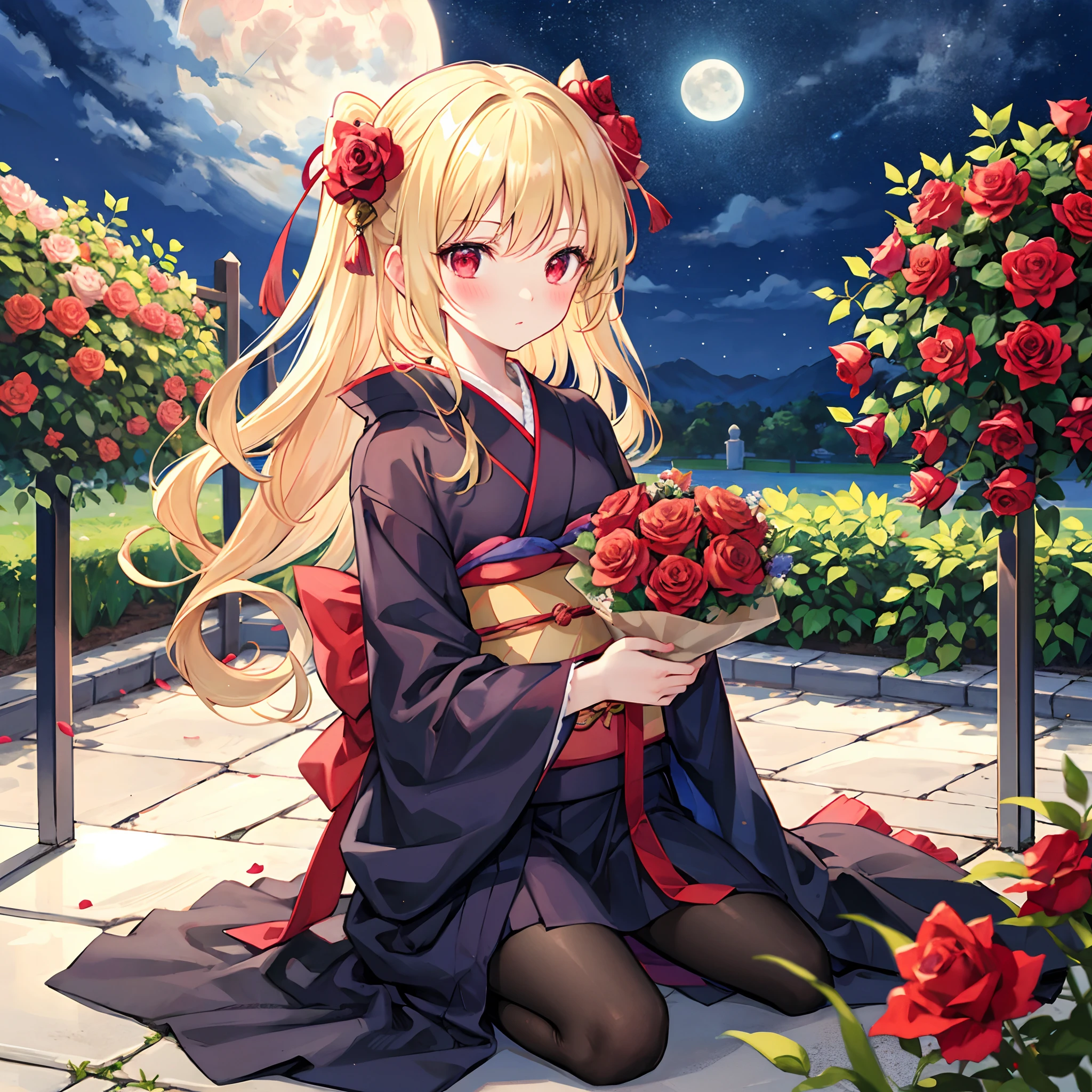 Wavy blonde、red eyes、Beautiful girl alone、kimono、a moon、natta、rose garden、Bouquet of roses、red blush