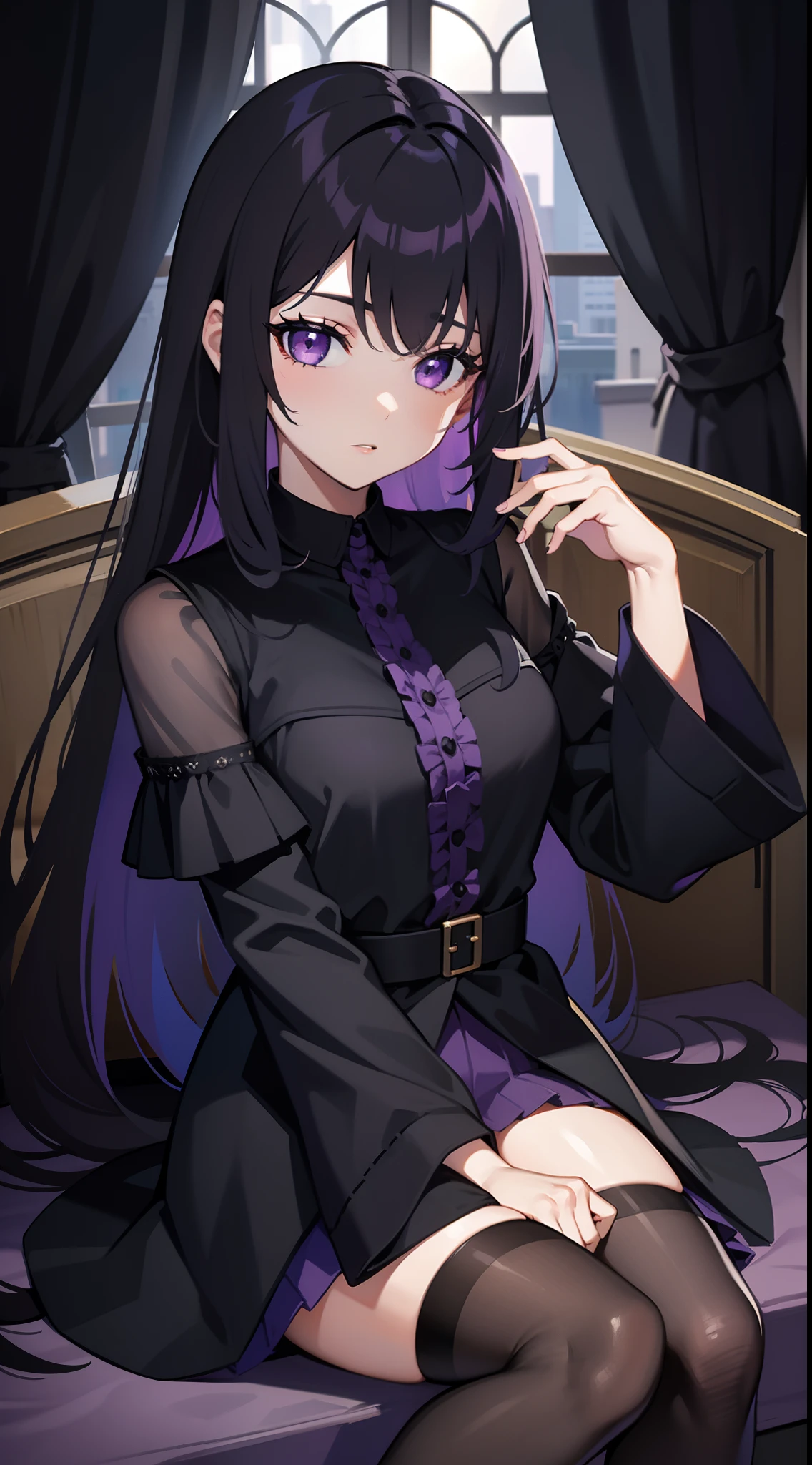 young girl, long dark purple or black hair, violet eyes, Black Rich Closed Clothing, Masterpiece, hiquality, high detail, HD, 4k