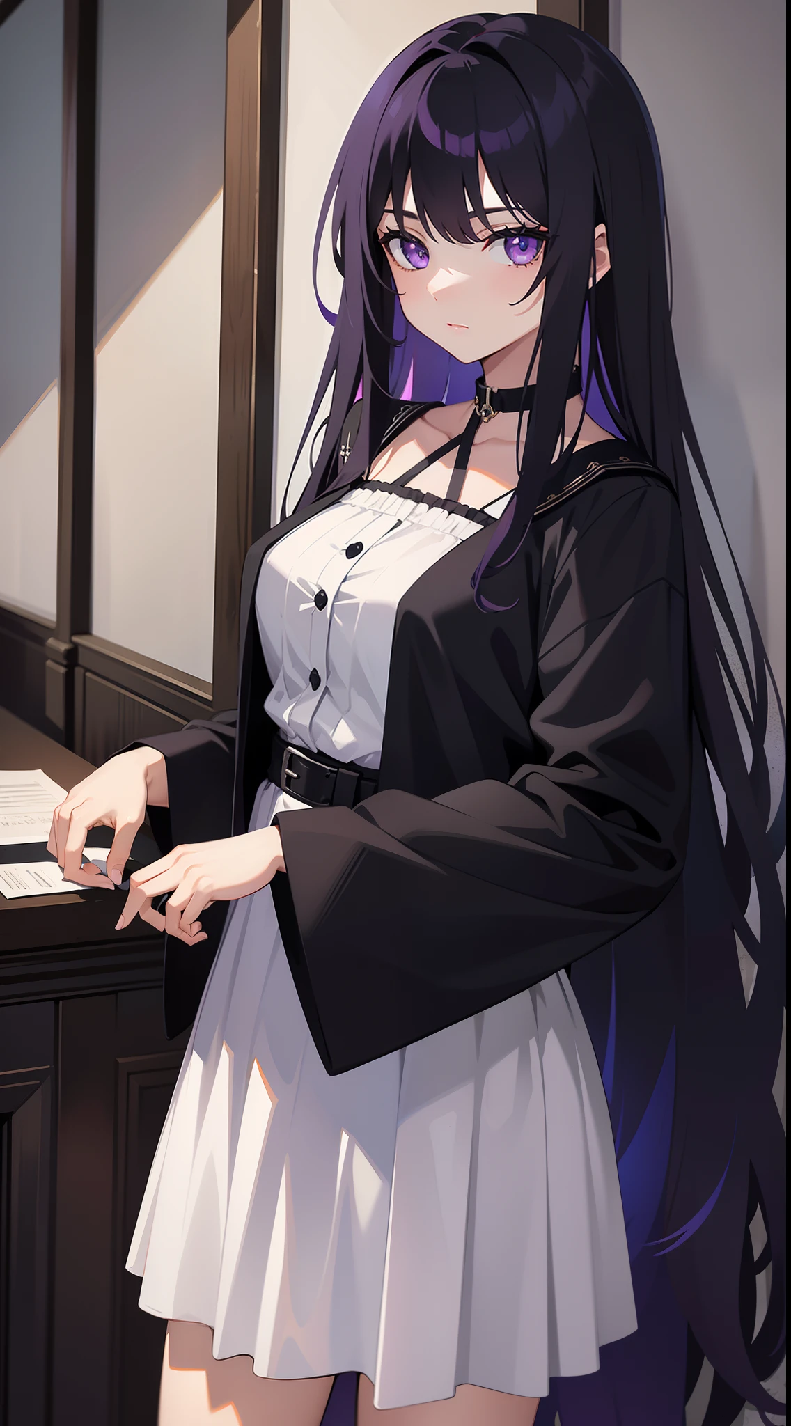 young girl, long dark purple or black hair, violet eyes, Black Rich Closed Clothing, Masterpiece, hiquality, high detail, HD, 4k