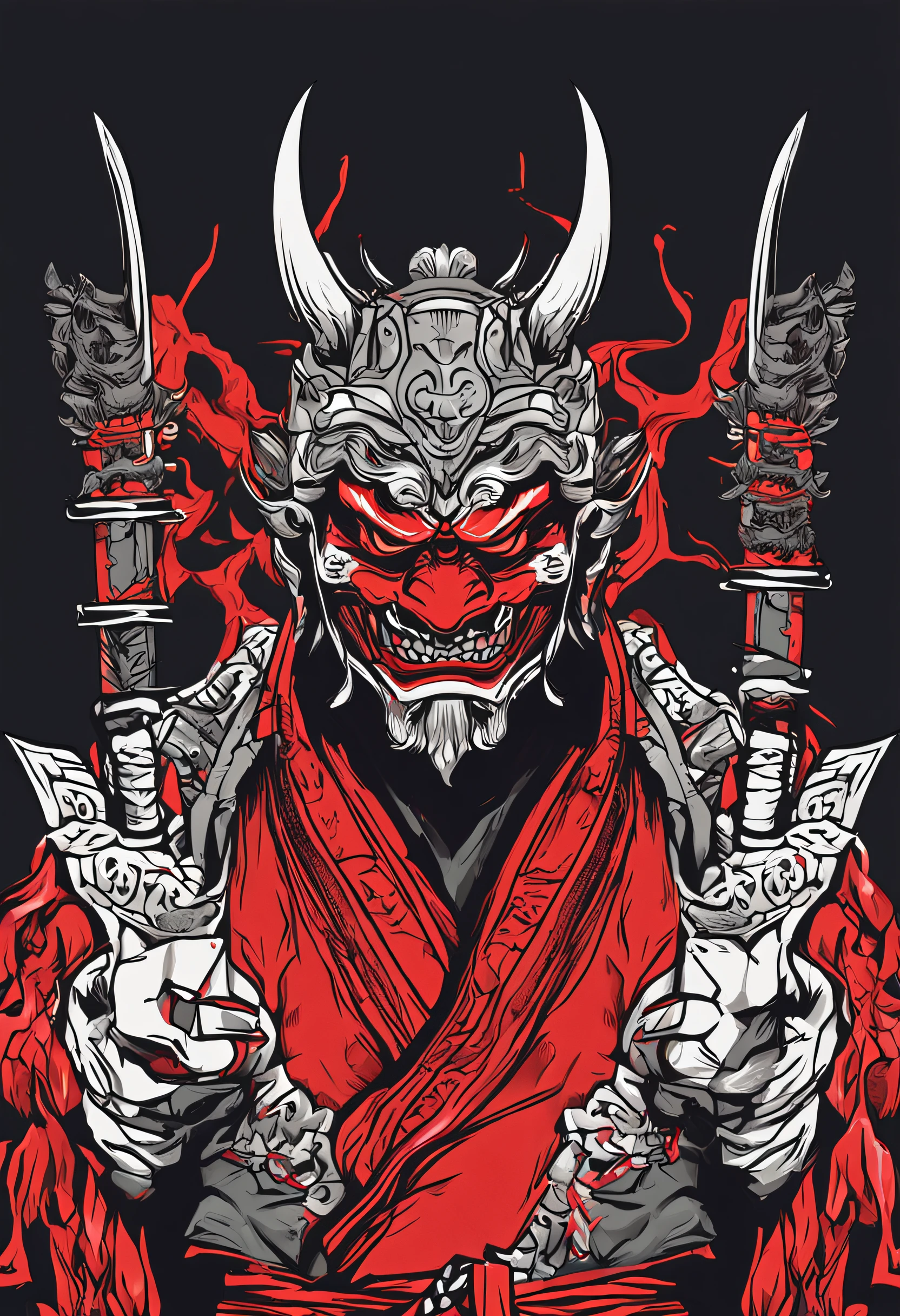 Hannya mask style of 0mib, illustrator, masterpiece, high quality, 8k, high resolution, high detailed, Japanese, samurai