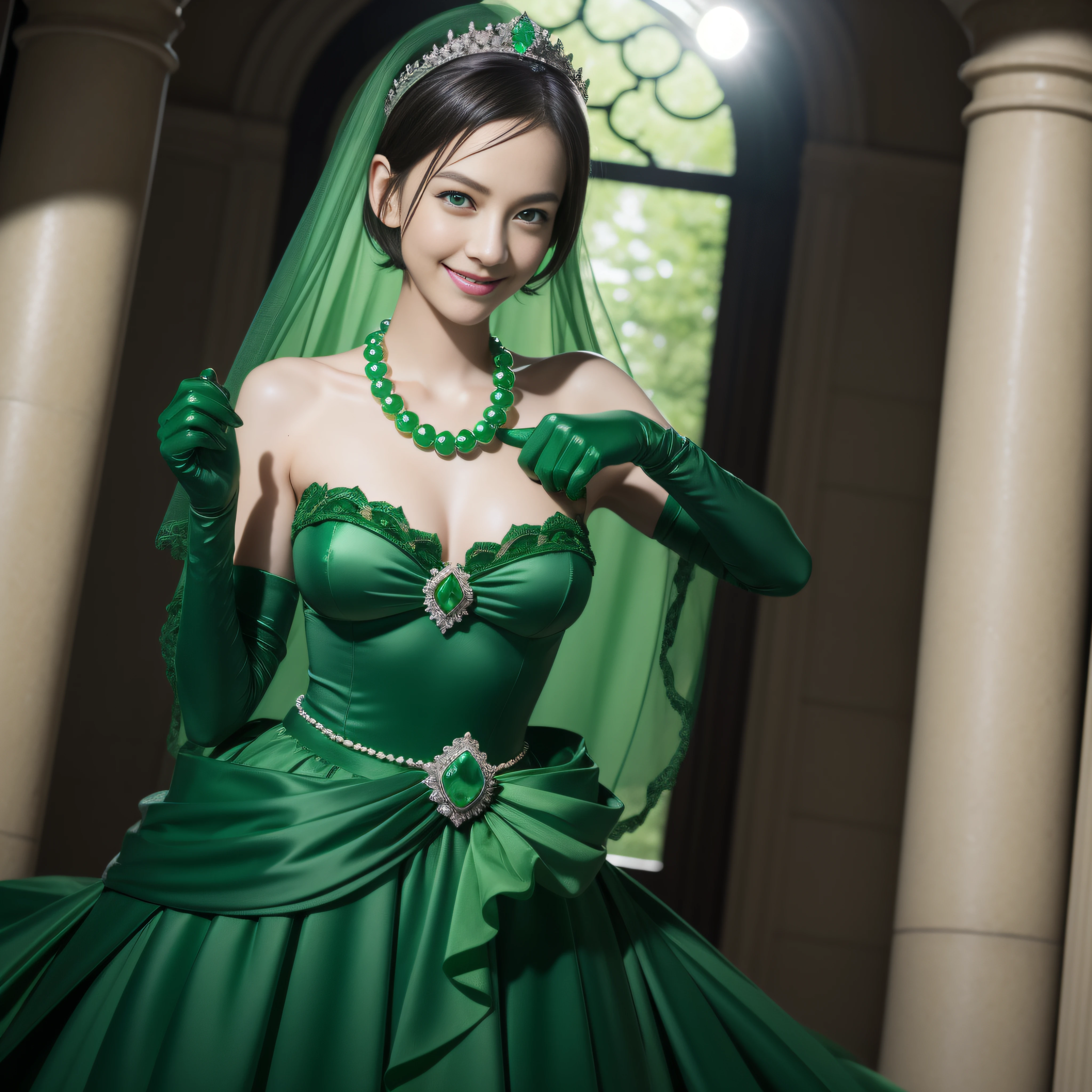 emerald tiara, Green Pearl Necklace, Boyish very short green hair, lipsticks, Japan woman smiling, very short short hair, big breasts beautiful, Green eyes, Long green gloves made of satin material, Green eyes