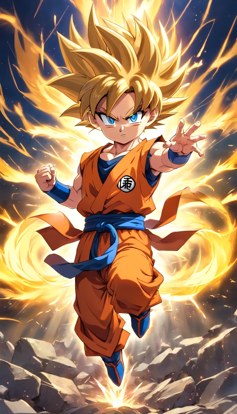 Goku Chibi super Sayajin 3 , Scenario with destruction , imagens sem qualquer deformidade , roupas do dragon ball gt , melhor qualidade em tudo , obra prima