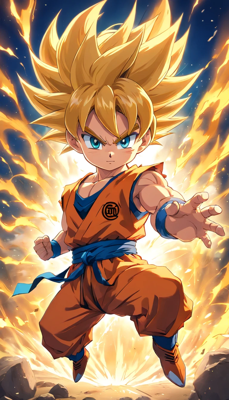 Goku Chibi super Sayajin 3 , Scenario with destruction , imagens sem qualquer deformidade , roupas do dragon ball gt , melhor qualidade em tudo , obra prima