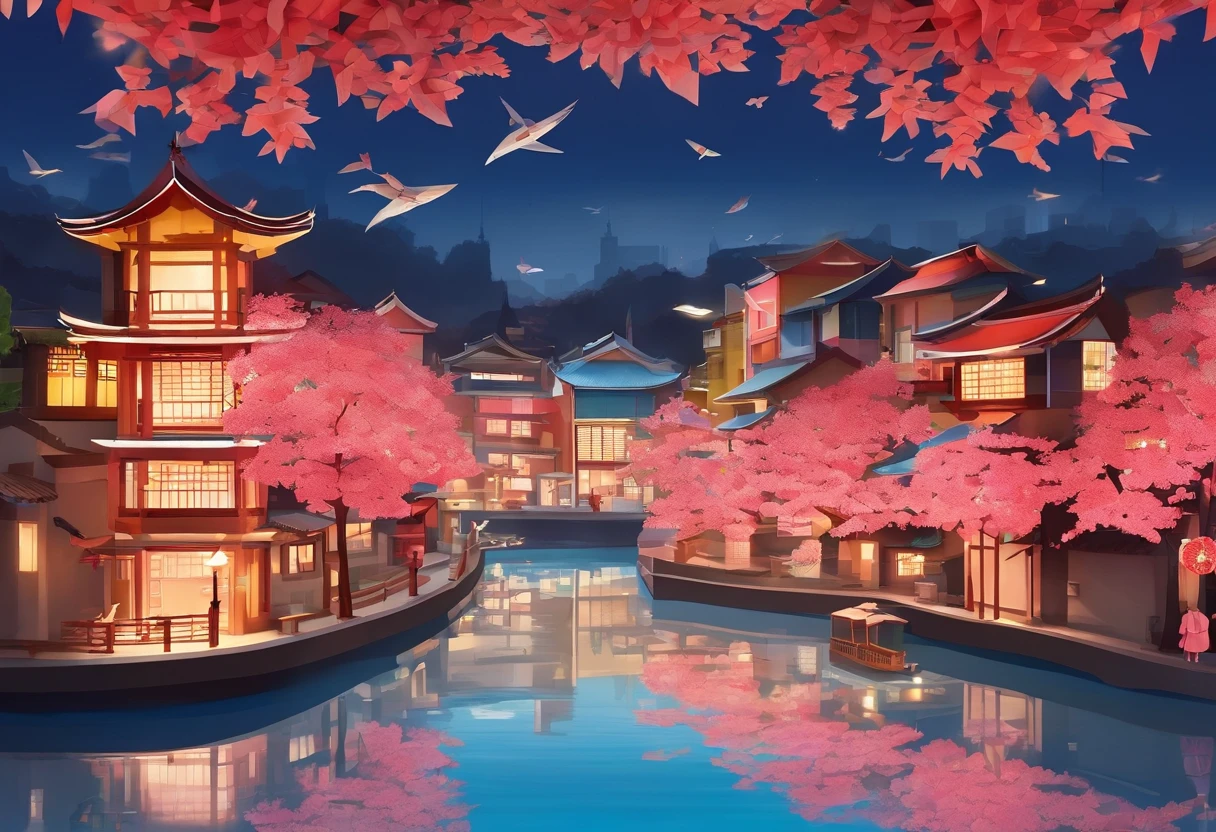 (best quality,4k,8k,highres,masterpiece:1.2),ultra-detailed,realistic,photorealistic:1.37,japanese-style city made of paper,origami,paper art,paper artwork,vivid colors,crispy details,paper structures,folding paper buildings,shimmering paper lanterns,meticulous paper craftsmanship,traditional Japanese architecture,geometric paper patterns,exquisite paper textures,ornate paper sculptures,elaborate paper gardens,serene paper cherry blossom trees,colorful paper koi fish,delicate paper cranes,floating paper boats in a small canal,soft natural lighting,subtle shadows,bright and vibrant color palette,intense hues of red, blue, and gold,paper textures adding depth and dimension to the city scene,evening scene with paper lanterns illuminating the streets,a sense of tranquility and peacefulness permeating the paper city.