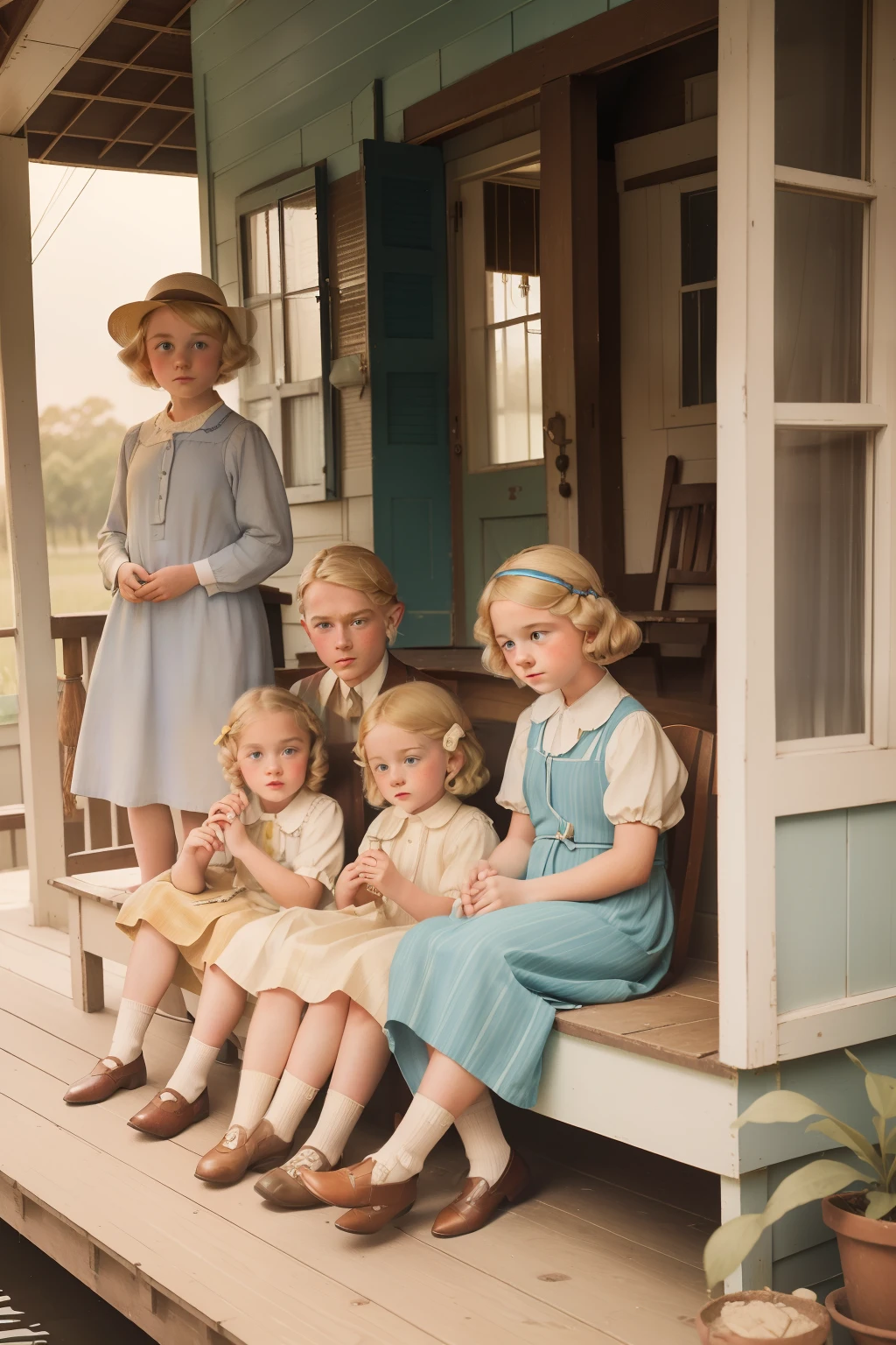 Year: 1939. Location: Memphis, Mississipi. pre-raphaelite -yeld ble girl, with her 4 younger siblings, in the porch of their floating home, ((sad)), ((1930s colorful country clothes)) ((1930s hairstyle)) ((in the style of "OMITB")) ((cinematic style))