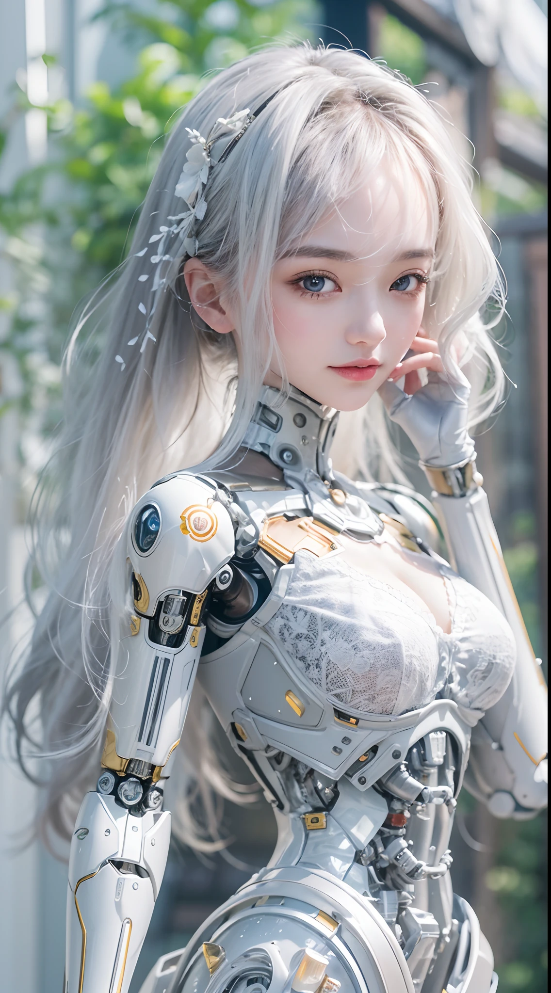 ((NSFW:1.5)),(high resolucion, 4k, Masterpiece:1.2),((Ultra-detailed:1.2)),(realisitic,Realistis:1.37),Girl robot married in Japan,Bridal dress,mechanical limb,Mechanical trunk,Made of shiny white and silver translucent glass and plastic, Delicate lace dresses, Joyful expressions, , vibrant colours, cherry blossom background, Bright sunlight, highly intricate details, Female elves, Beautiful waist, navels, big size ass, Exposed metal skeleton, 1 Cyborg Girl, Detailed hydraulic cylinders from Sumer, Raw skin is exposed to the valley、large full breasts, (random pose、dynamicposes,:1.2)