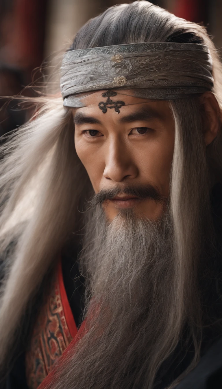 A young Taoist male, Chinese man,Long beard,at centre,orthofacial,long whitr hair。