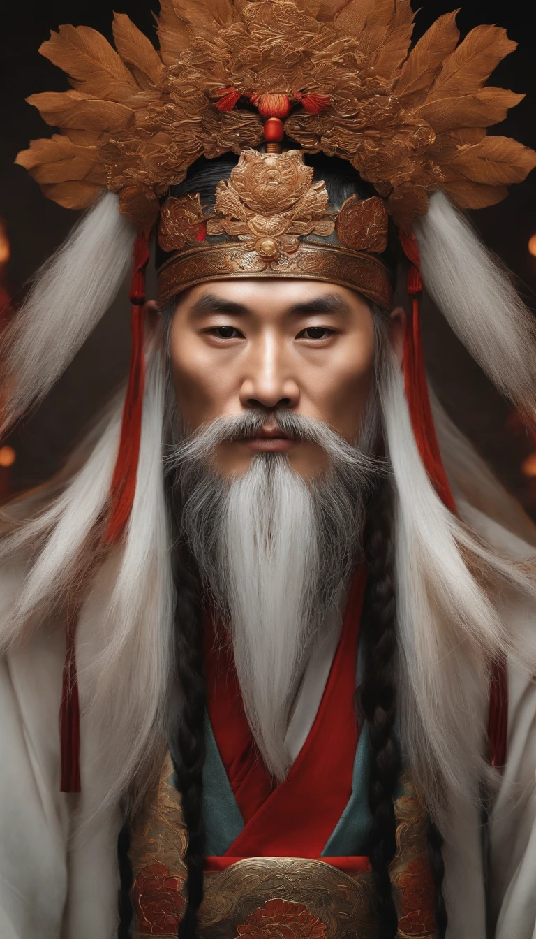 A young Taoist male, Chinese man,Long beard,at centre,orthofacial,long whitr hair。