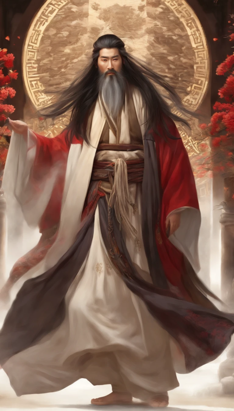 A young Taoist male, Chinese man,Long beard,at centre,orthofacial,long whitr hair。