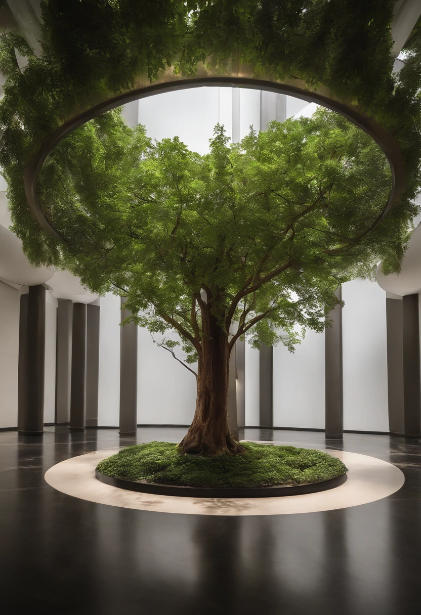 In a dark enclosed room without light,In the middle is placed a large green tree,Outside the big tree,Place a circle along the circle that is about half the height of a large tree、But ten stainless steel columns of different heights,Above the column is a transparent square box made of transparent acrylic,It stores seeds of different types of medicinal herbs,A lot of trunks hang down from the tree