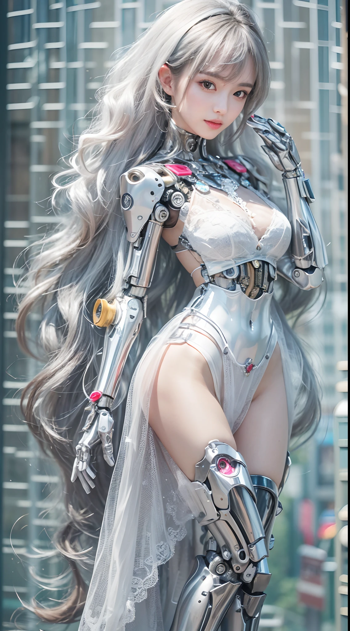 (High-res, 4K, Masterpiece:1.2),Ultra-detailed,(Realistic,photo-realistic:1.37),Girl robot married in Japan,Mechanical limb,Mechanical torso,Made of shiny white and silver translucent glass and plastic, Delicate lace dress, joyful expressions, , Vibrant colors, sakurabackground, Bright sunlight。
