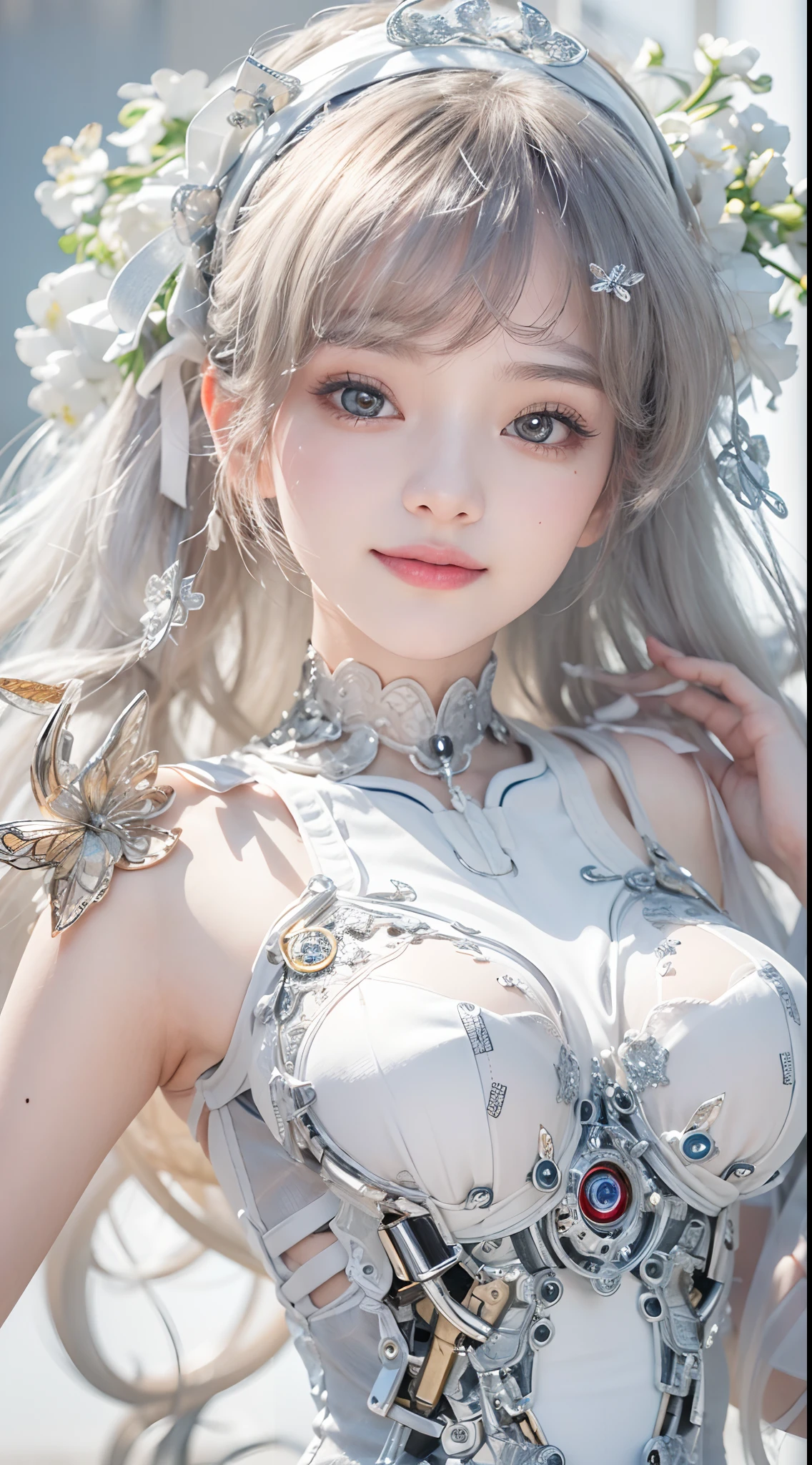 (High-res, 4K, Masterpiece:1.2),Ultra-detailed,(Realistic,photo-realistic:1.37),Girl robot married in Japan,Mechanical limb,Mechanical torso,Made of shiny white and silver translucent glass and plastic, Delicate lace dress, joyful expressions, , Vibrant colors, sakurabackground, Bright sunlight。