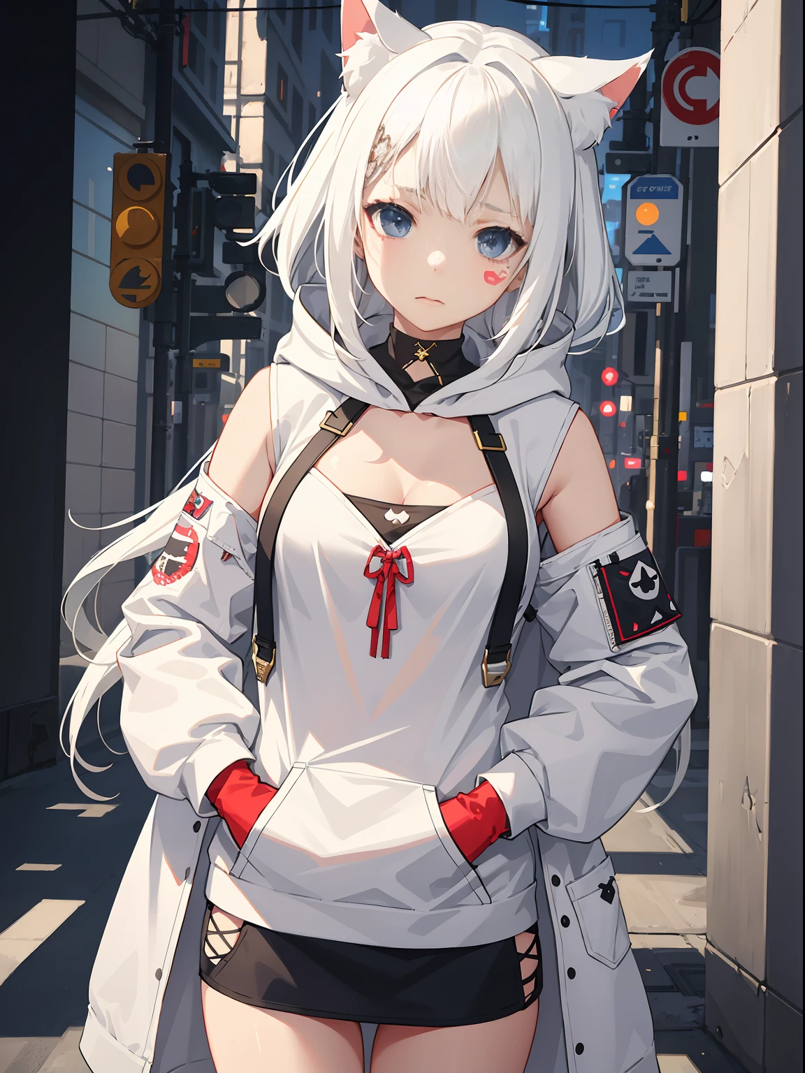 ((heterochromia )) (((double coulored eyes))) solo, white hair, red ribbon, headgear, ponytail, gradient hair, white coat, goggles, goggles around neck, red eyes, blue eyes, white coat,bra, prosthetic arm, bandaged arm BREAK detailed shading, (((cowboy shot))), black pants, single pantsleg,