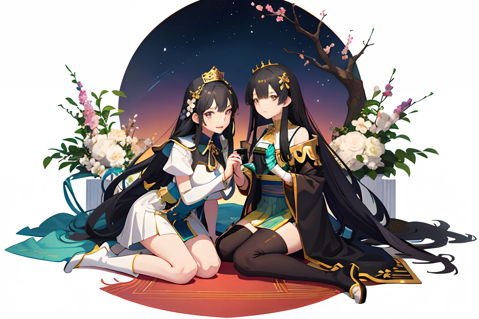 Two black-haired anime characters sitting on the ground，With flowers as a background, two beautiful anime girls, Wearing short skirts, queen and ruler of the universe, The Flower Prince is crowned king, The king recited hymns to the princess, Anime kangaroo, High-quality fan art, zero zen art, 80s anime style with 14% influencer, Destiny anime style/stay night, overnight with, 4k manga wallpapers, Anime Pictures.