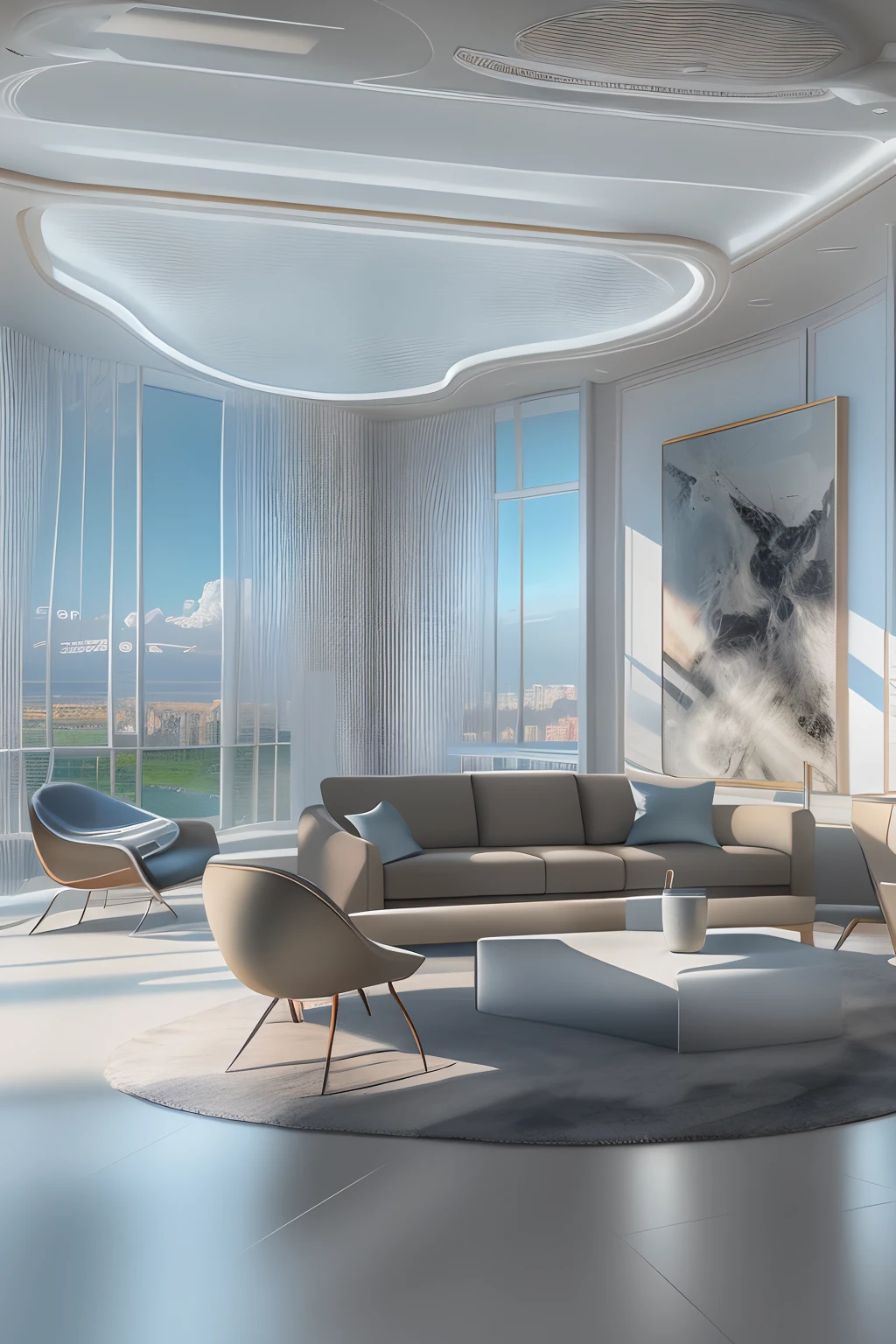 liveroom，There is a wall in the middle of the living room,The painting on the wall is in the middle, Paintings on the walls, skyscape, Large airy windows, Zaha Hadid and Santiago Calatrava landscape panoramic style, Fish, Clear light, Edge lighting, Perfect image, Building summary style, 16k UE5. superfine, 8K, hdr, Product photography, Depth of field, Nikon D850, Ultra-realistic, no contrast, clean sharp focus, professional, No blurring