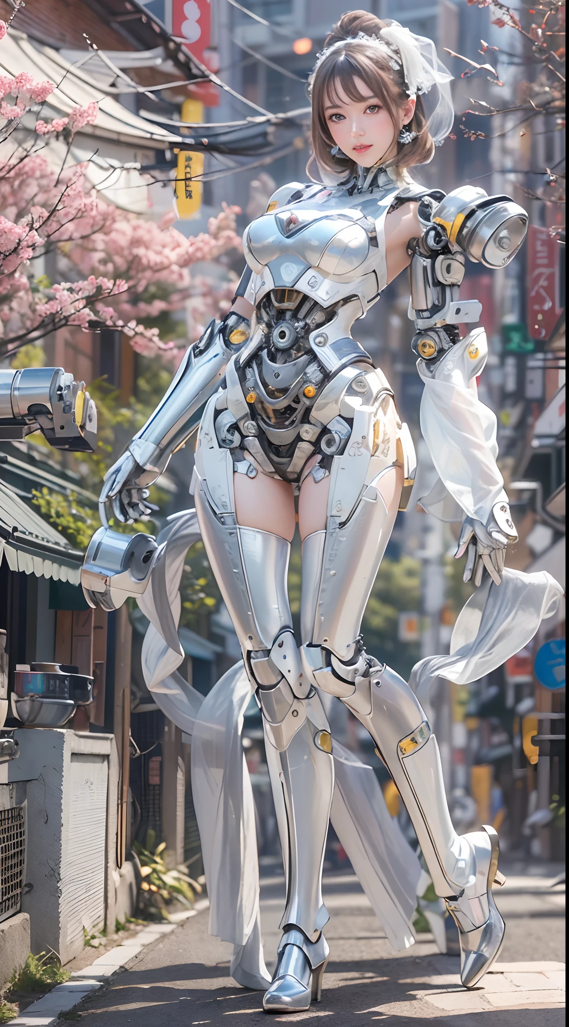 (High-res, 4K, Masterpiece:1.2),Ultra-detailed,(Realistic,photo-realistic:1.37),Girl robot married in Japan,Mechanical limb,Mechanical torso,Made of shiny white and silver translucent glass and plastic, Delicate lace dress, White veil,joyful expressions, , Vibrant colors, sakurabackground, Bright sunlight。