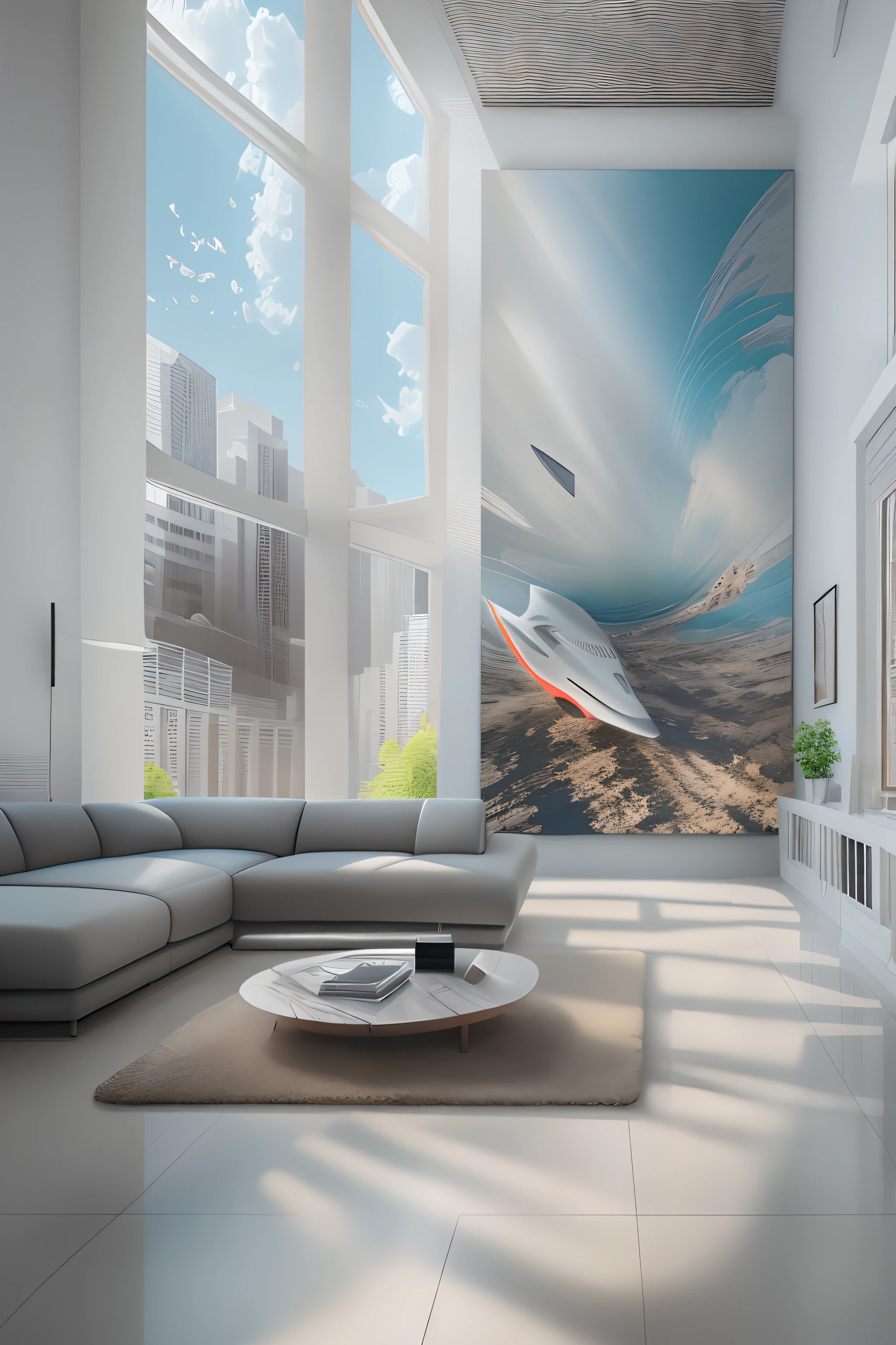 liveroom，There is a wall in the middle of the living room,The painting on the wall is in the middle, Paintings on the walls, skyscape, Large airy windows, Zaha Hadid and Santiago Calatrava landscape panoramic style, Fish, Clear light, Edge lighting, Perfect image, Building summary style, 16k UE5. superfine, 8K, hdr, Product photography, Depth of field, Nikon D850, Ultra-realistic, no contrast, clean sharp focus, professional, No blurring
