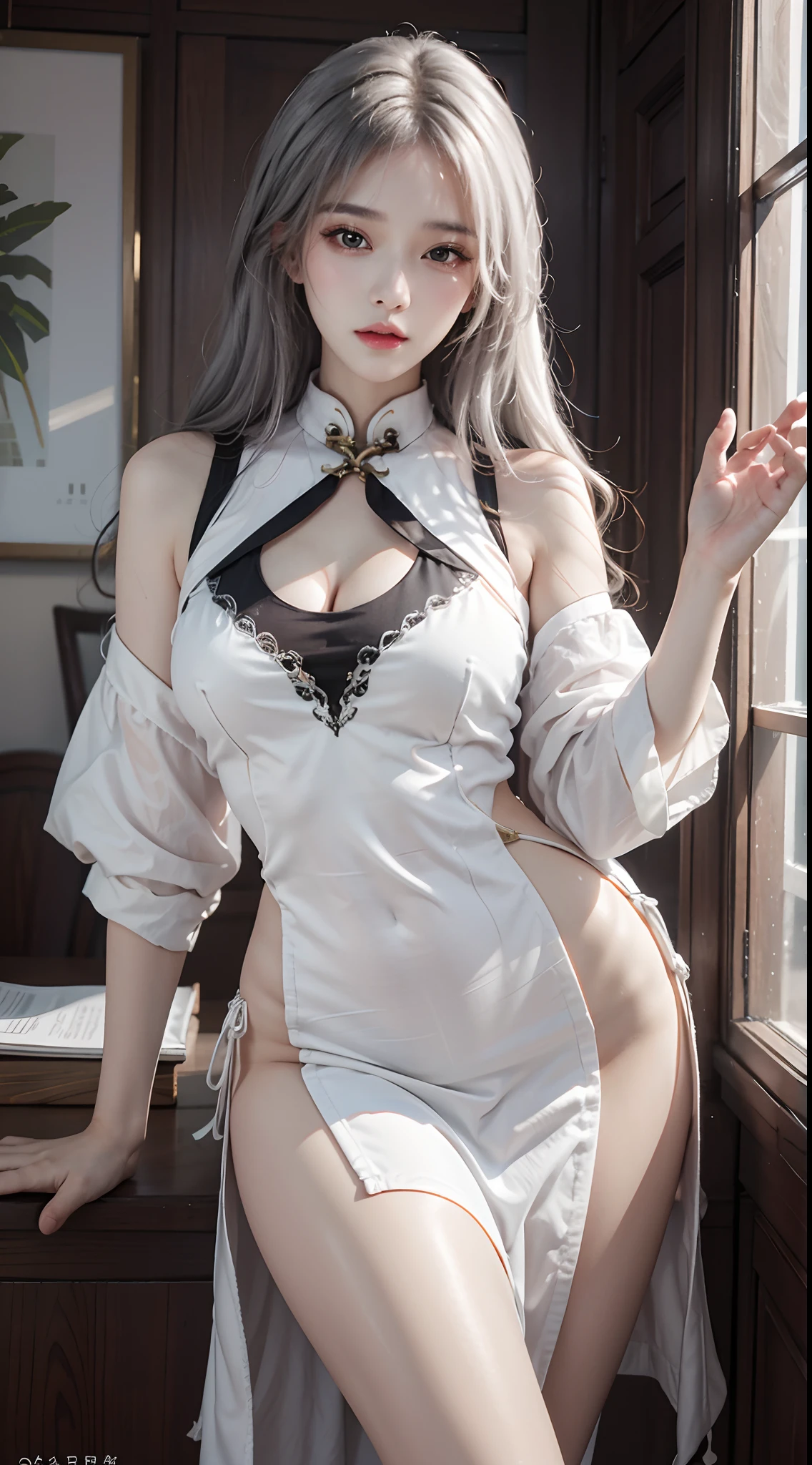 photorealistic, high resolution,masterpiece,best quality,ultra-detailed, 1women, hips up, white hair, cheongsam