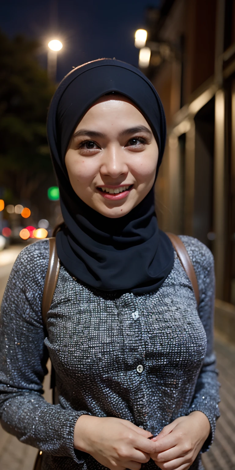 ((((1 malay girl nude in hijab)))), Tokyo street,night, cityscape,city lights,upper body,close-up,smile,, (8k, RAW photo, best quality, masterpiece:1.2),(realistic, photo-realistic:1.37),