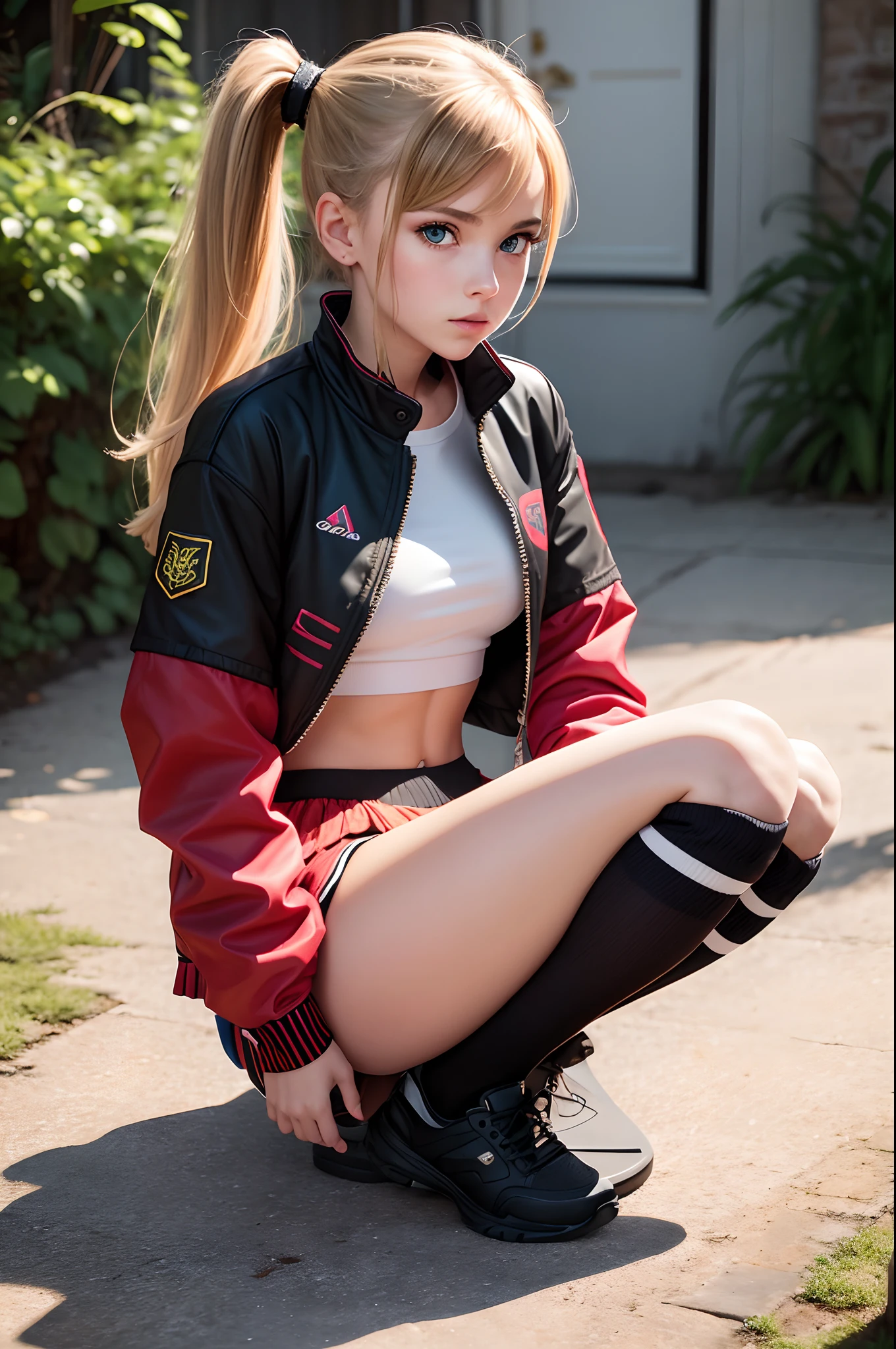 hyper a Russian girl, red jacket, black rounder with yellow design, sheer open rounder, mini skirt, black_over knee socks, knee stocking, high ponytail blond brown hair, light blue eyes, charming, delicate skin, white shiny skin, looking at viewer, pigsney pose, squatting sitting on floor pose, 8k, (masterpiece), (ultra-detailed), realistic look, ultra realistic, Shot on Hasselblad, (Fantasy Dreamland Landscape), yelow over_knee socks