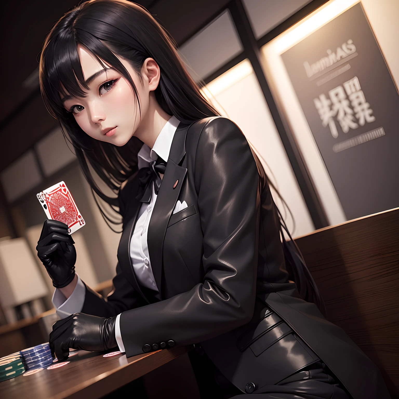 masutepiece, Best Quality, hight resolution, HMJY1, Long hair, Blunt bangs, School uniform, (Red jacket, Black pantyhose, White shirt, a black ribbon, Pleated skirt:1.2), Long sleeves,  Cowboy Shot, Glowing eyes, blush, Evil smile, (((casino)))