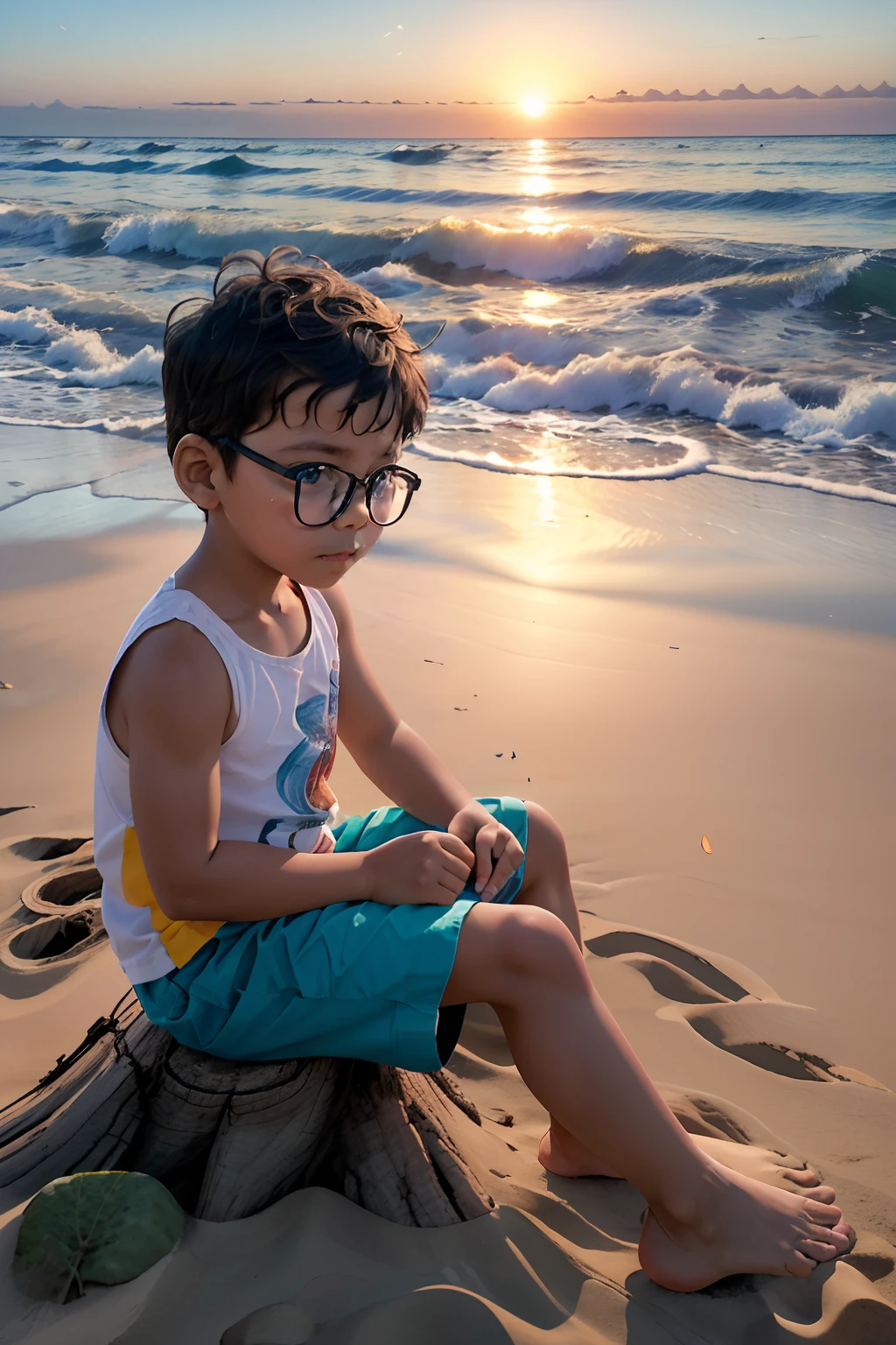 Produce a cartoon drawing of a 3-year-old boy wearing glasses, sitting on a dry tree trunk in the sand of a beautiful, tranquil beach. The sunrise is stunning, with its reflection on the sea. Ensure the drawing is filled with (((intricate details))), especially regarding the boy's glasses and the natural surroundings. Aim for ((extreme detail quality)) to capture the serene beauty of the beach at sunrise. Craft a ((complex composition)) that emphasizes the child's innocence and the breathtaking scenery.