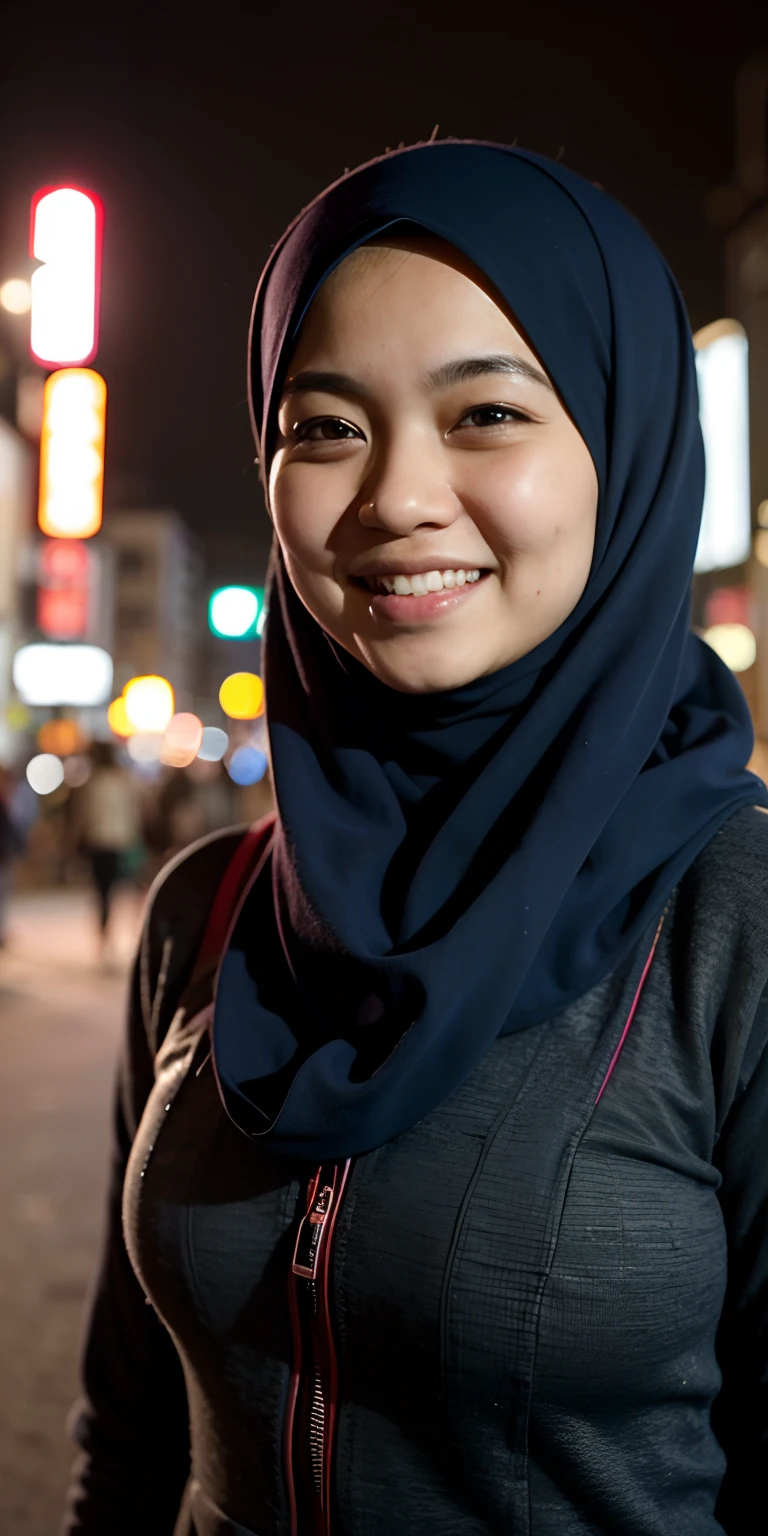 1 matured malay girl in hijab, Tokyo street,night, cityscape,city lights,upper body,close-up,smile,, (8k, RAW photo, best quality, masterpiece:1.2),(realistic, photo-realistic:1.37),