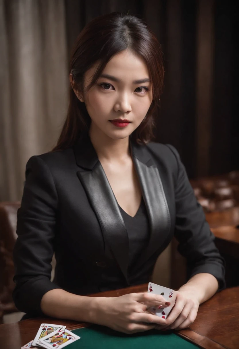A young Japanese woman with a black suit up to a shirt and playing cards with black leather gloves on both hands