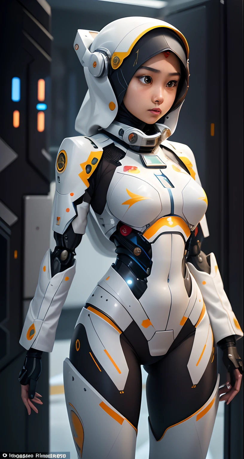 Imagine the Malay girl in hijab in a futuristic command center, strategically coordinating her mecha suit's actions to respond to a crisis, showcasing her leadership and intelligence