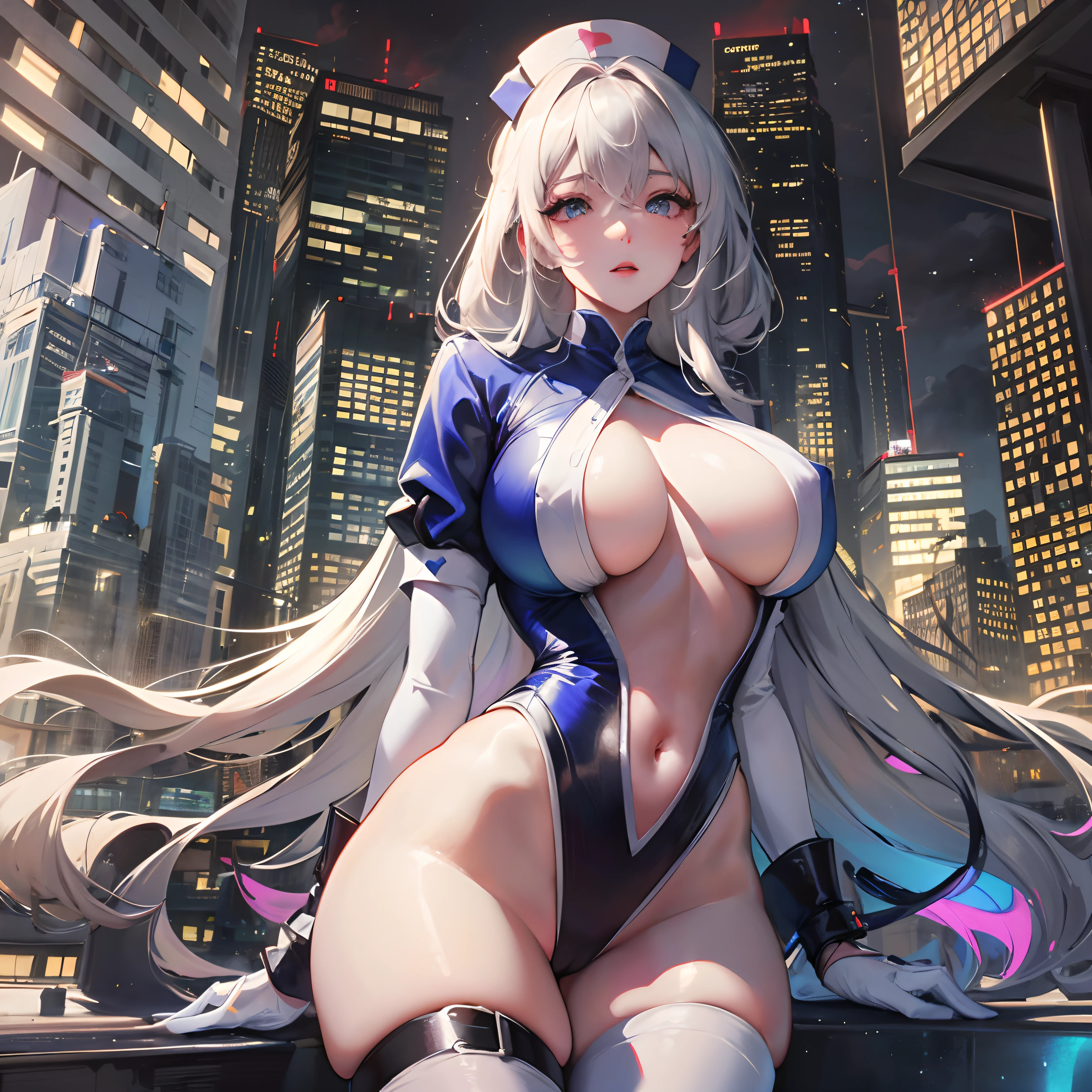 Official fine art，tmasterpiece，Sharp focus，Delicate and beautiful hair and eyes and face，realisticlying，ultra - detailed，woman，blue-sky，Glowing white particles,(side-lighting:1.2),rays of sunshine,baiyun,Detailed clouds,Slender,huge boob，gigantic hip，Long legs，spread their legs，nurse's outfit，scenecy,Long straight hair,, buliding, (Cityscape:1.7)，paleskin, hair adornments, epic landscapes