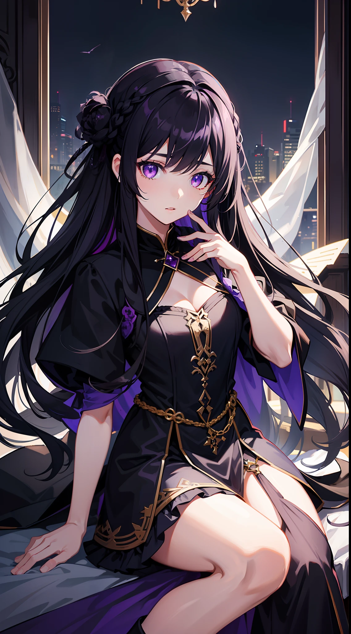 young girl, long dark purple or black hair, violet eyes, Black Rich Closed Clothing, Masterpiece, hiquality, high detail, HD, 4k