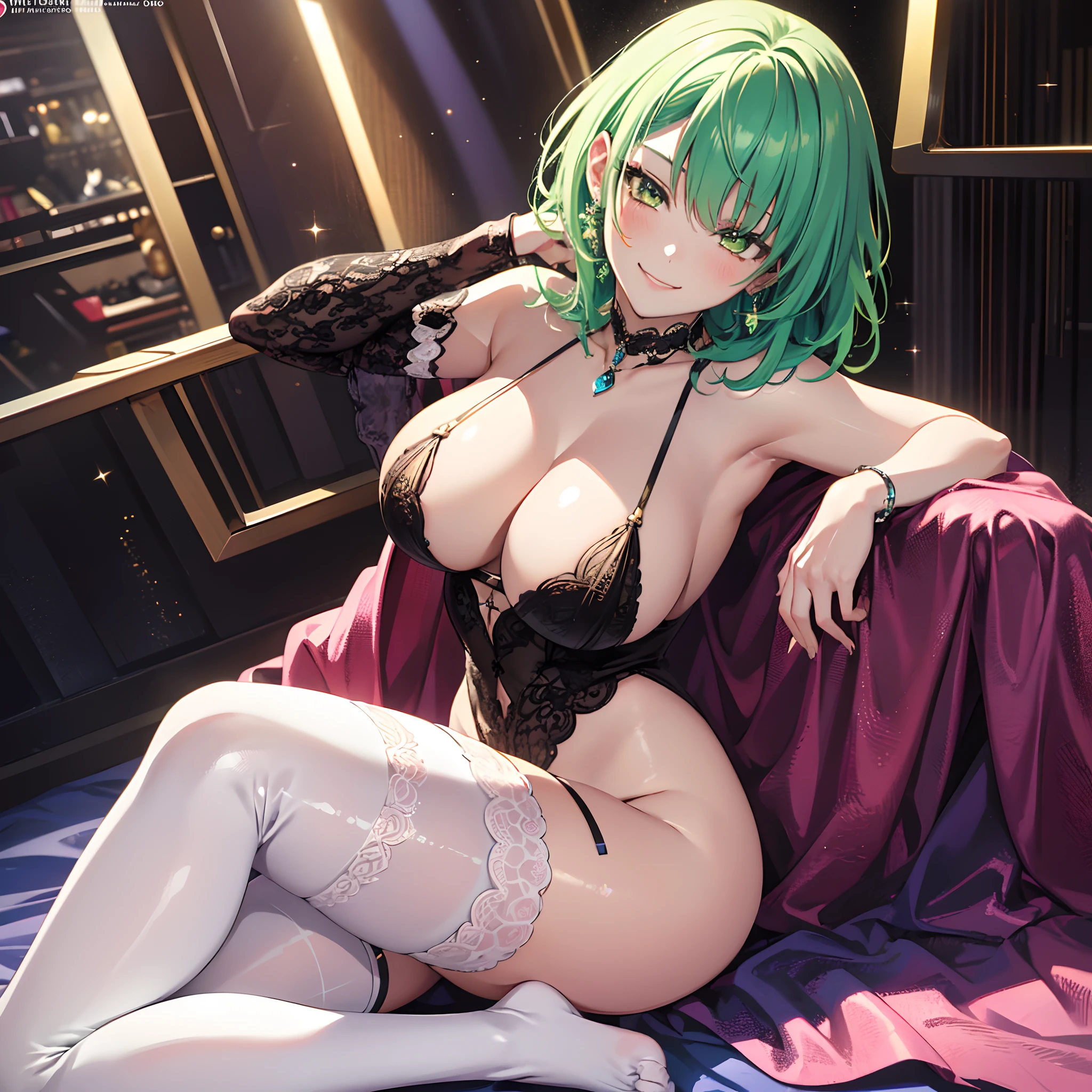 1 girl, solo, gorgeous girl, wide hips, milf, voluptuous breasts, short hair, green eyes, green hair, azure fringes, white stockings, nightclub dress, room, dim lighting, red lighting, sitting on a bed, sexy pose, tempting, perfect anatomy, smirk, glowing eyes, green stockings