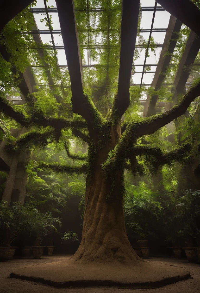 In a dark enclosed room without light，In the middle is placed a large green tree，Place a circle of columns of inconsistent height around the tree，Above the column is a transparent square box made of transparent acrylic，It stores seeds of different types of medicinal herbs，A lot of trunks hang down from the tree