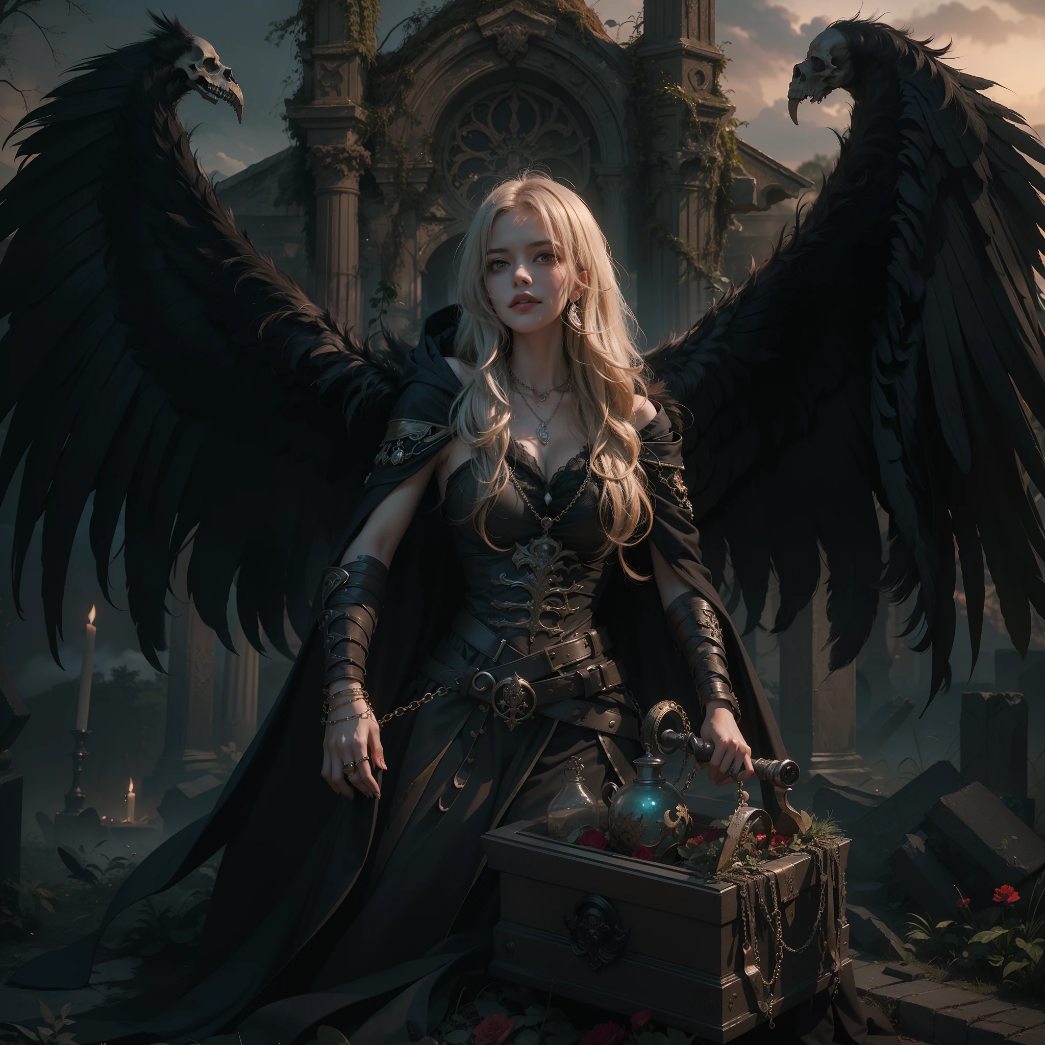 (Numerous masterpieces, Award-winning, with incredible detail, Textures and maximum detail), (hyper realistic:1.4), (Realistic:1.3), (best quality real texture skin), (Finely detailed True Circle eyes), (Finely detailed and beautiful face:1.6), ((The Medieval World)), (The Grim Reaper:1.4), (An icy look in the eyes), (There's an unpleasant smile on her face, But the eyes don't smile:1.3), (full-length portrait:1.5), (In the hands of the hair, Longing for the soul:1.5), (Eyes, which glow red in the dark), (Dramatic light), (Full-length standing image:1.5), (A majestic sight), Her face is gentle and beautiful, but somehow terrifying, (Large wings with ragged black feathers behind the shoulders:1.3), (He wears a dark black robe with a hood and intricate patterns:1.2), (A bag of reaping souls with a faint glow:1.3), Folded wings, Earrings with a skull pattern, (He is followed by a skeleton knight:1.1), (((Dramatic photo))), (twilight), (Sunset), (nightfall), ((Dramatic pose)), (Bright photo), (Golden hair), (Silver hair), (brown-hair), ((Looking Up)), ((Looking down)), (gives a full-length image:1.5), (Around her neck is a simple necklace of exquisite workmanship), The Forgotten Tomb, overgrown with vegetation, The Great Tomb, Underground labyrinth, Ruins of the Temple of Evil, Sacrificial Temple, mysteriously, (A magic circle of sinister brilliance:1.2), Ruins of an ancient castle, Ruins of an abandoned cemetery, A ruined ancient tomb, Still water: Ancient ruins, Swamp ruins, Wavelets, Plumbing, Majestic cloudy masses and the sky shine, lightning bolts,