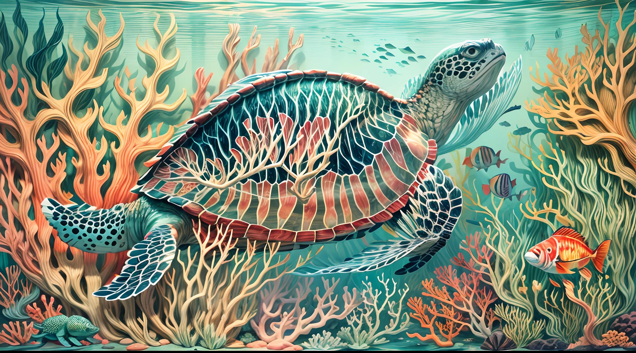 A whimsical undersea scene, with colorful fish and coral, a sea turtle gracefully gliding through crystal-clear waters, a sense of tranquility and wonder in this aquatic world, Paper-cut art, intricate layers of hand-cut colored paper,